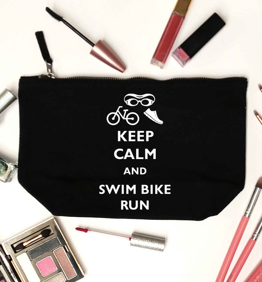 Keep calm and swim bike run black makeup bag