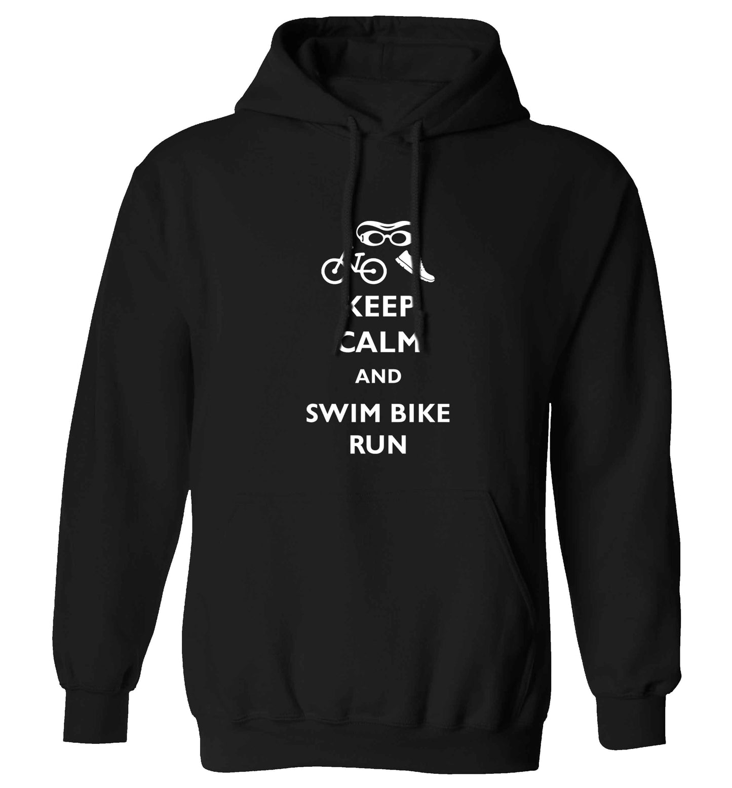 Keep calm and swim bike run adults unisex black hoodie 2XL