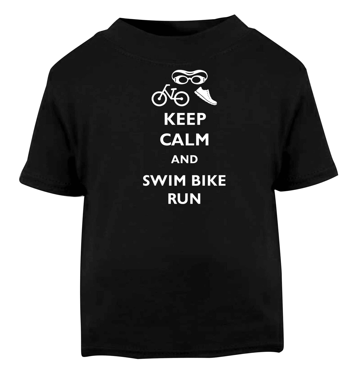 Keep calm and swim bike run Black baby toddler Tshirt 2 years