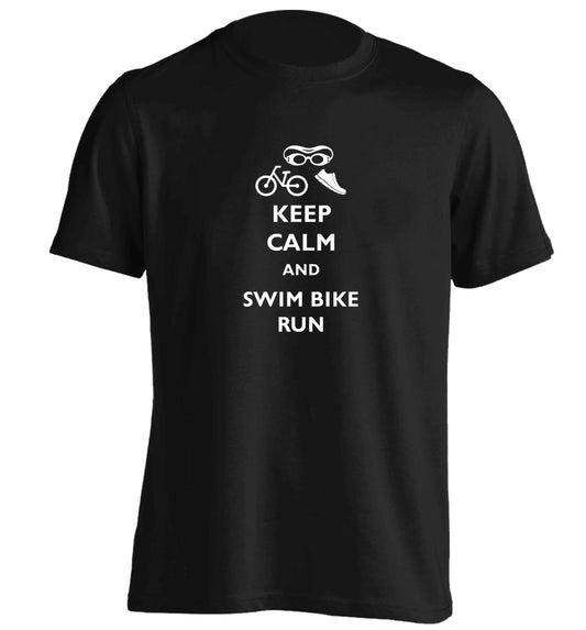 Keep calm and swim bike run adults unisex black Tshirt 2XL