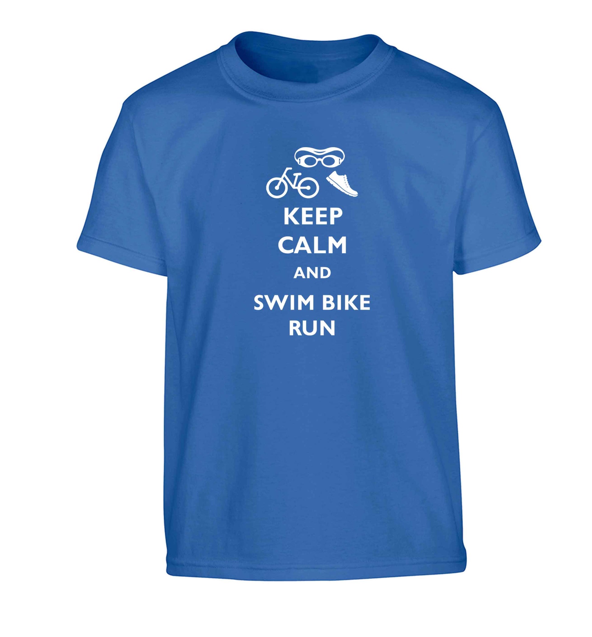 Keep calm and swim bike run Children's blue Tshirt 12-13 Years