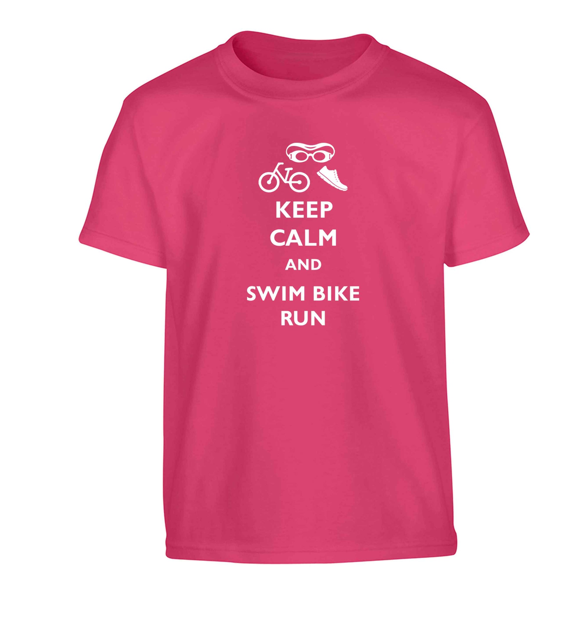Keep calm and swim bike run Children's pink Tshirt 12-13 Years