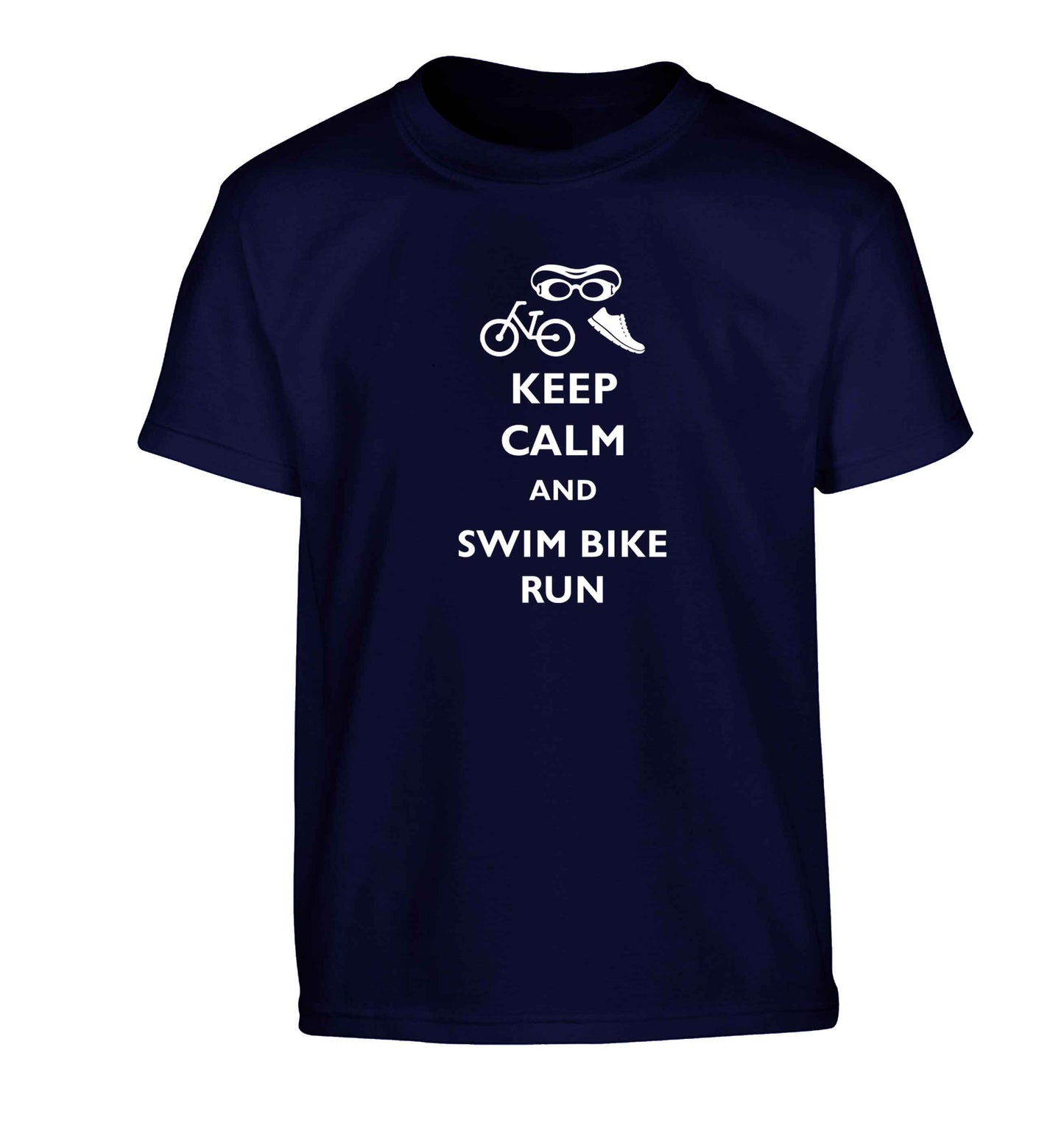 Keep calm and swim bike run Children's navy Tshirt 12-13 Years