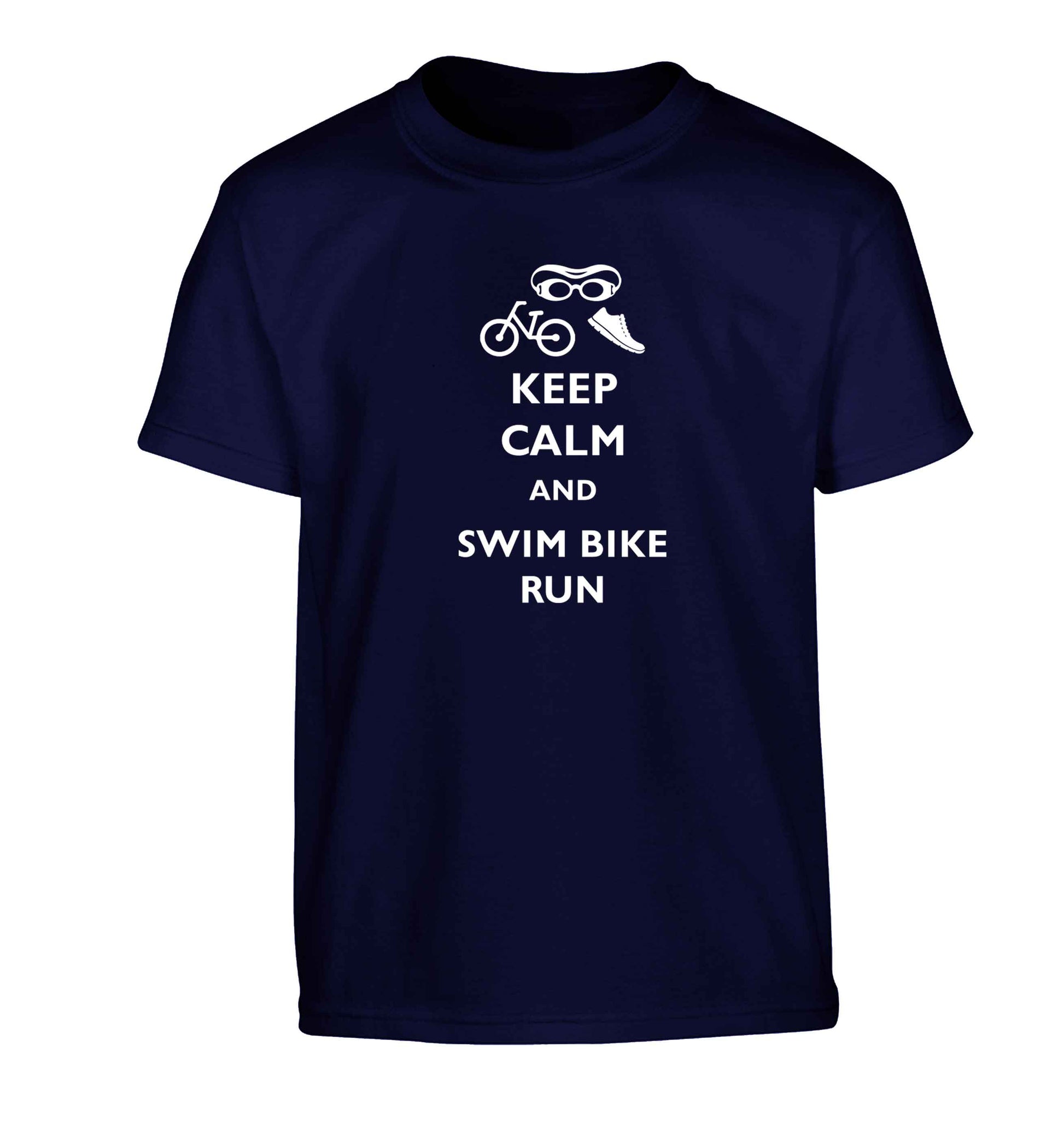 Keep calm and swim bike run Children's navy Tshirt 12-13 Years
