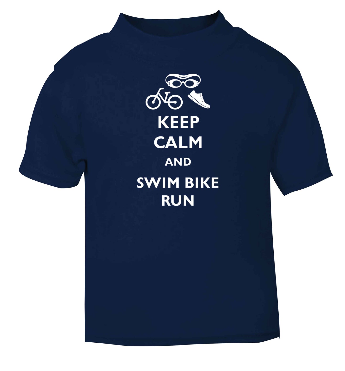 Keep calm and swim bike run navy baby toddler Tshirt 2 Years