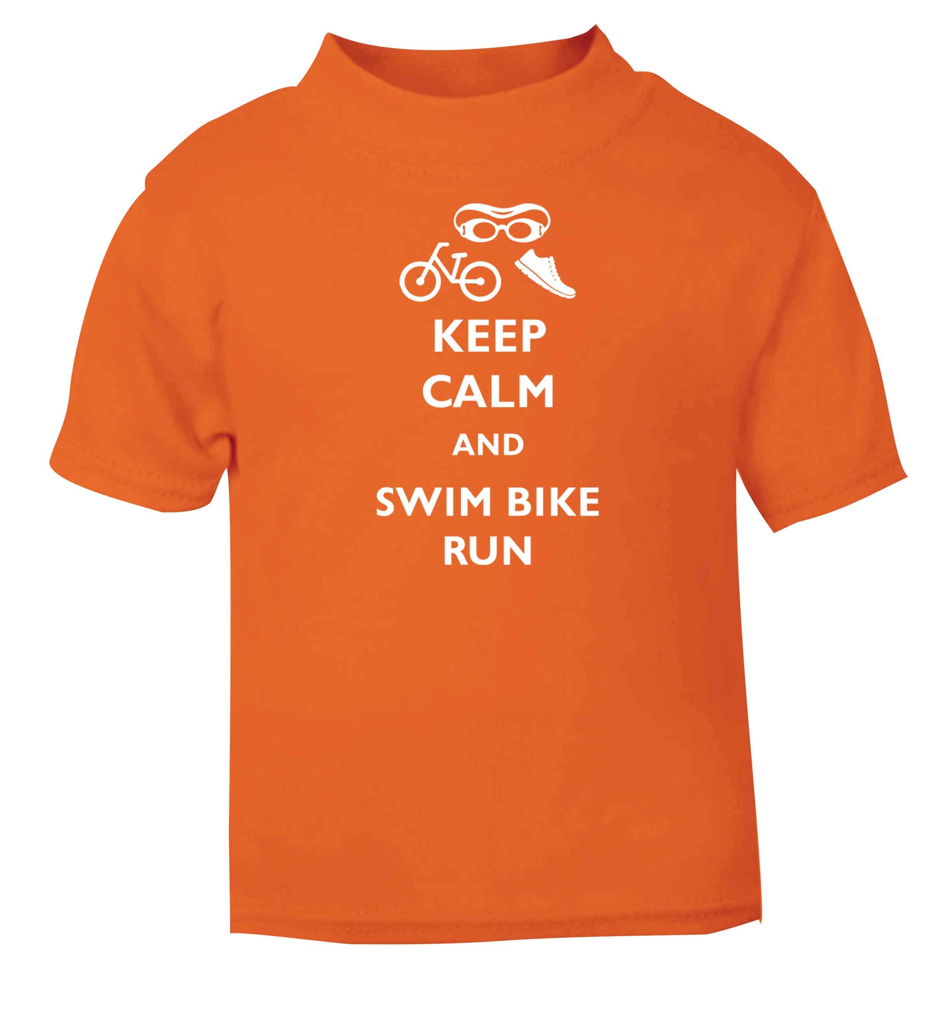 Keep calm and swim bike run orange baby toddler Tshirt 2 Years