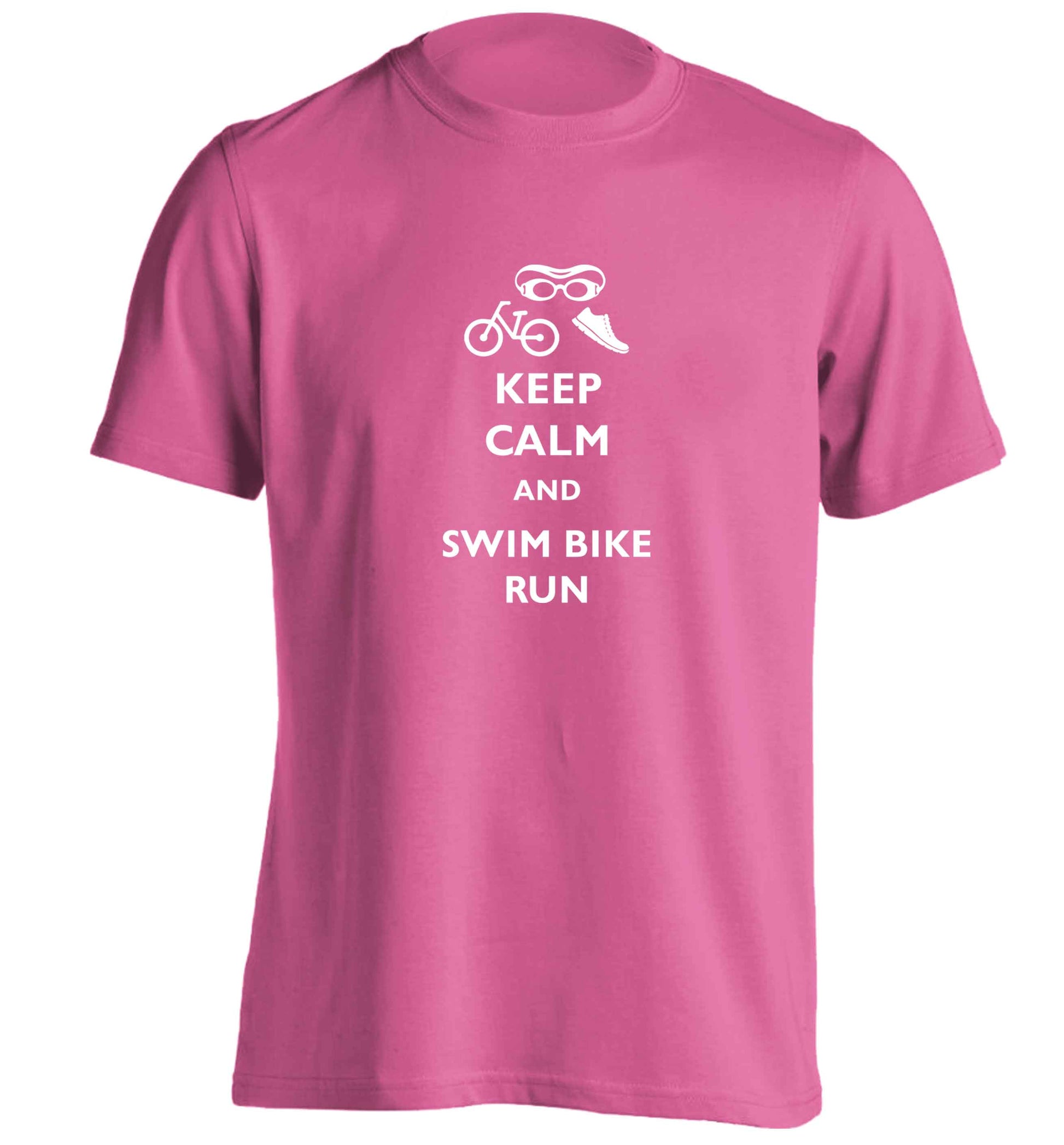 Keep calm and swim bike run adults unisex pink Tshirt 2XL