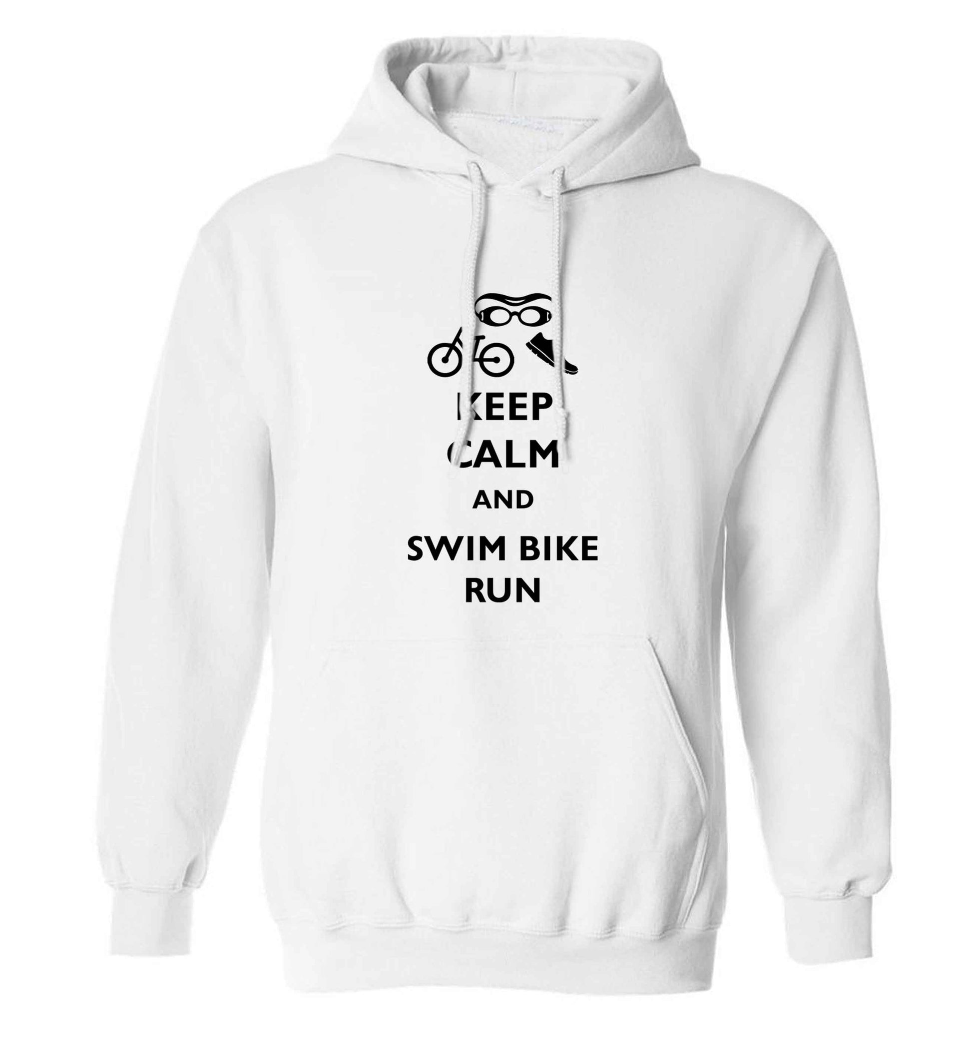 Keep calm and swim bike run adults unisex white hoodie 2XL