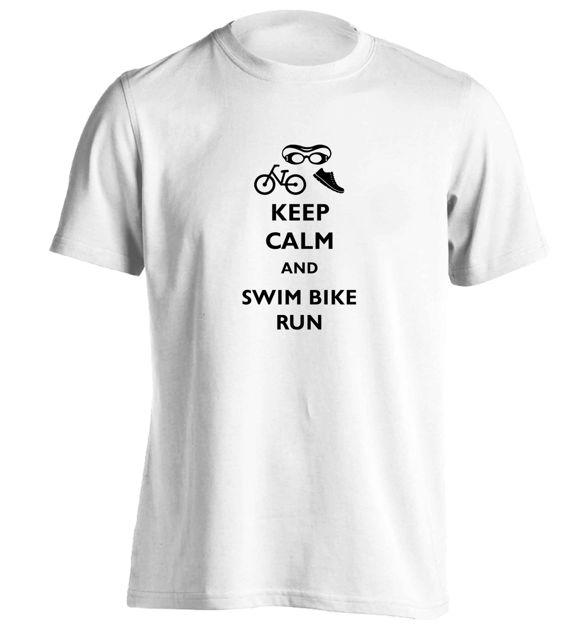 Keep calm and swim bike run adults unisex white Tshirt 2XL