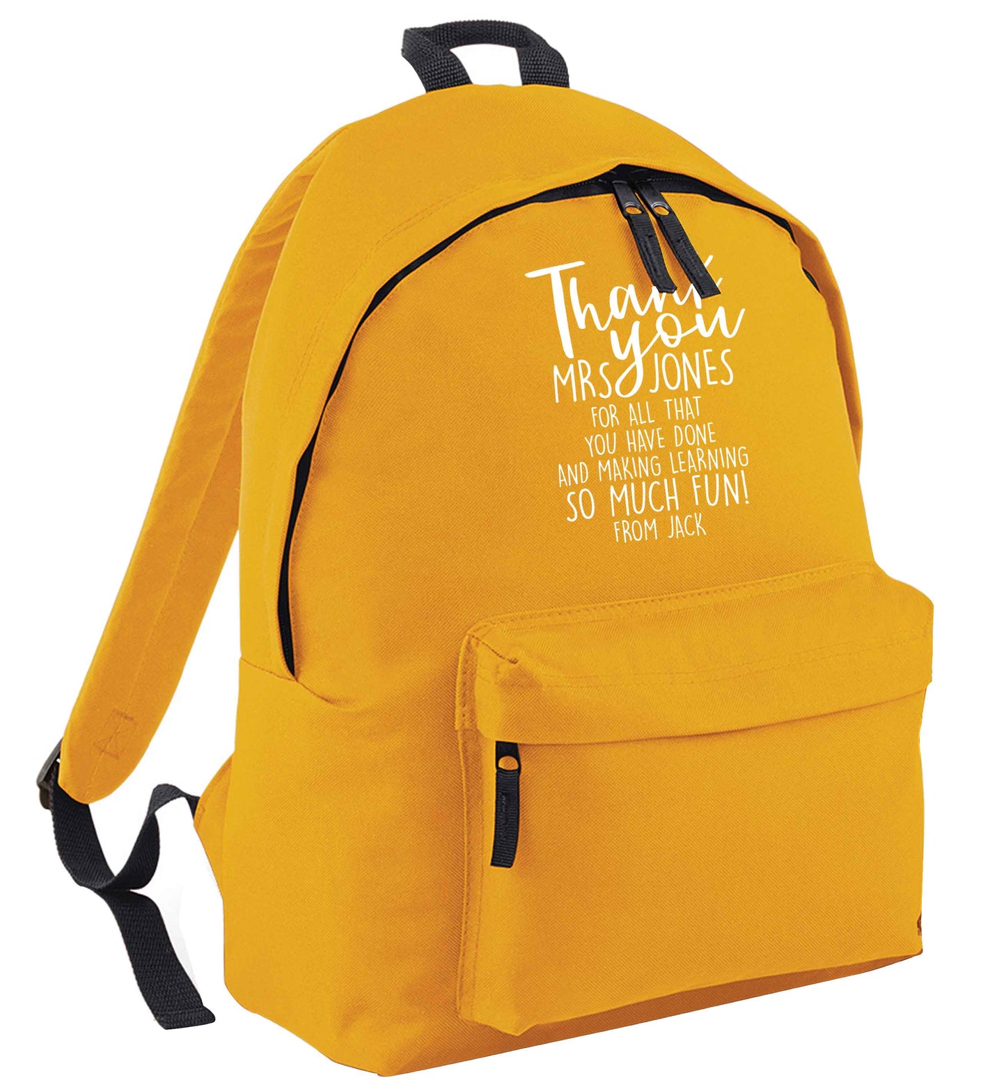 Personalised thank you teacher for all that you've done and making learning so much fun mustard adults backpack