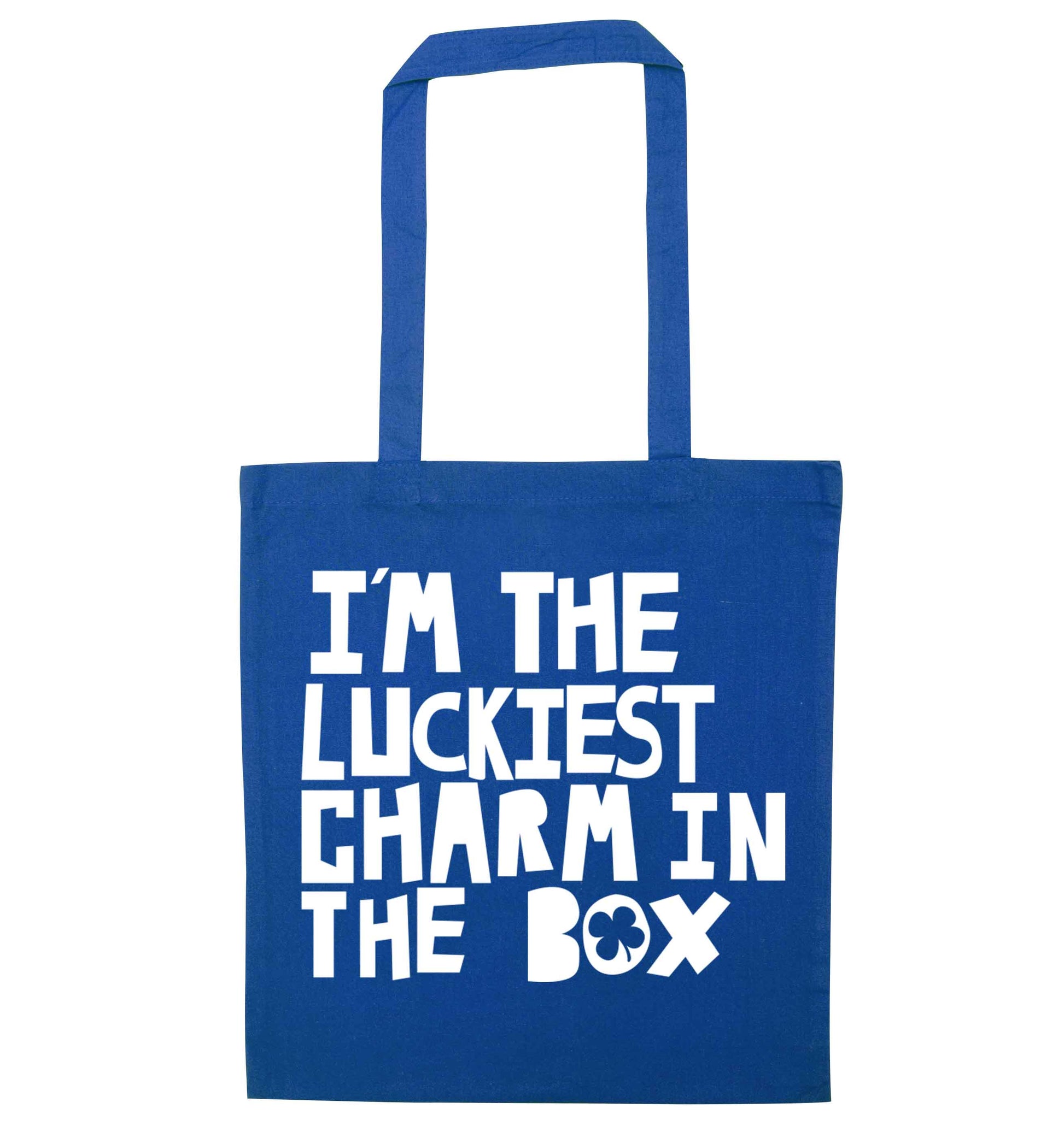 I'm the luckiest charm in the box blue tote bag