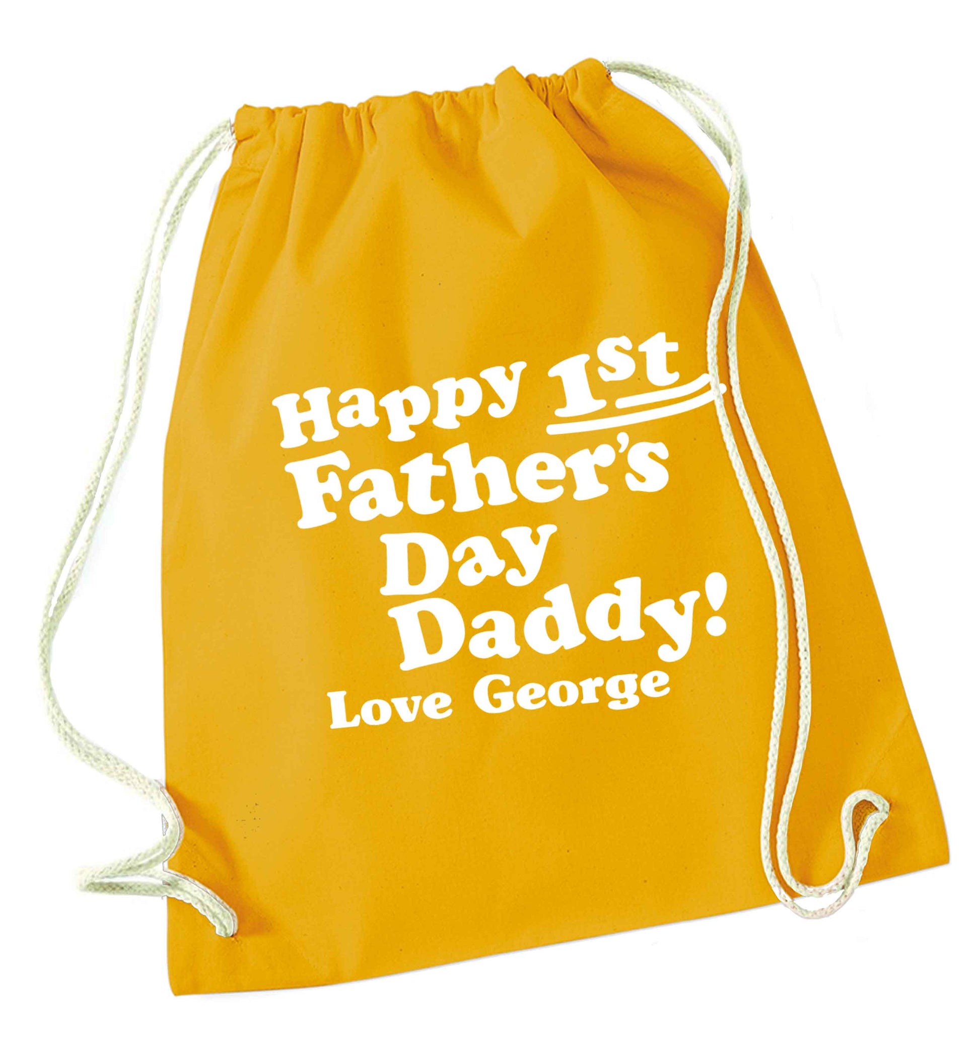 Happy first Fathers Day daddy love personalised mustard drawstring bag
