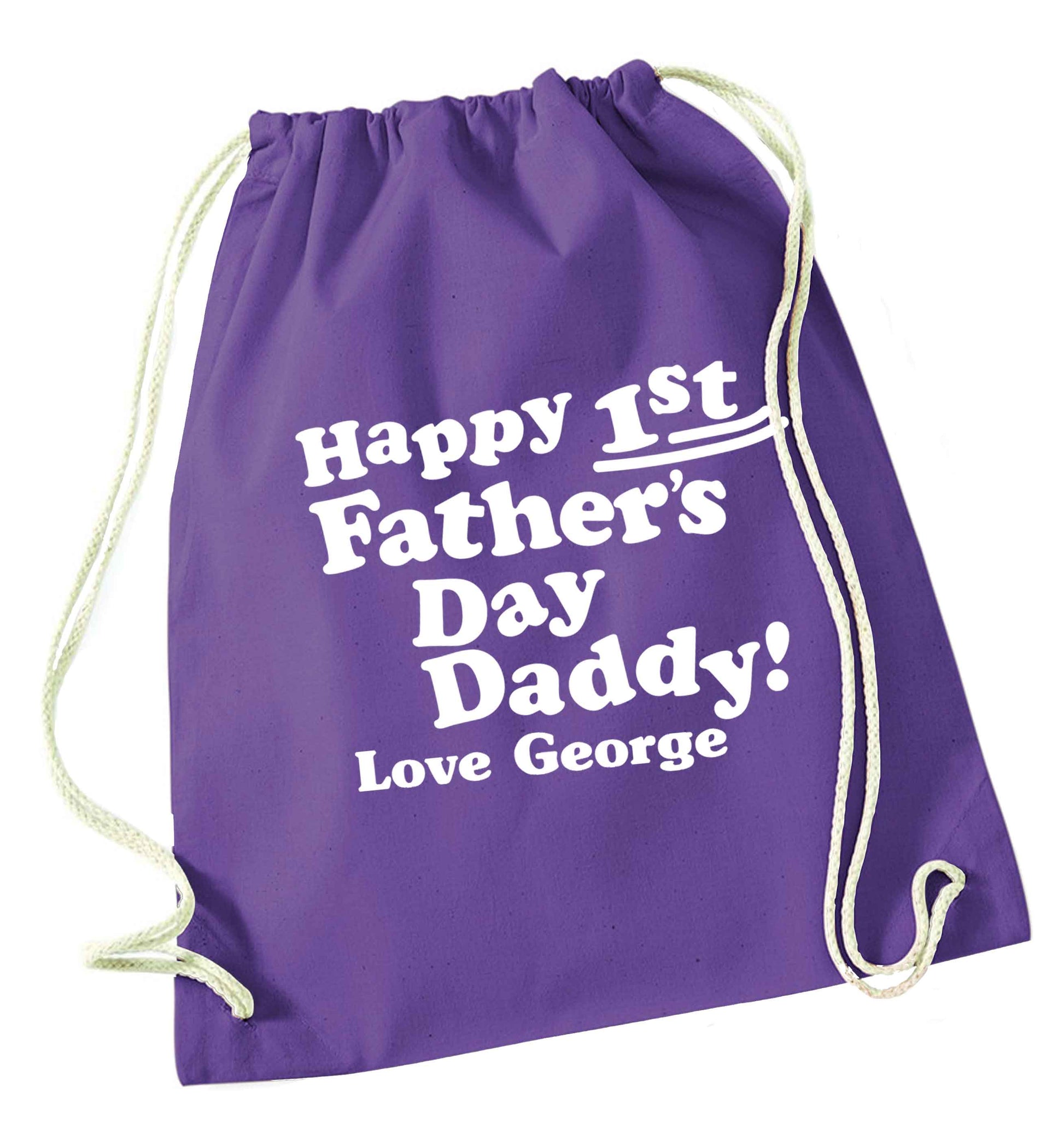 Happy first Fathers Day daddy love personalised purple drawstring bag