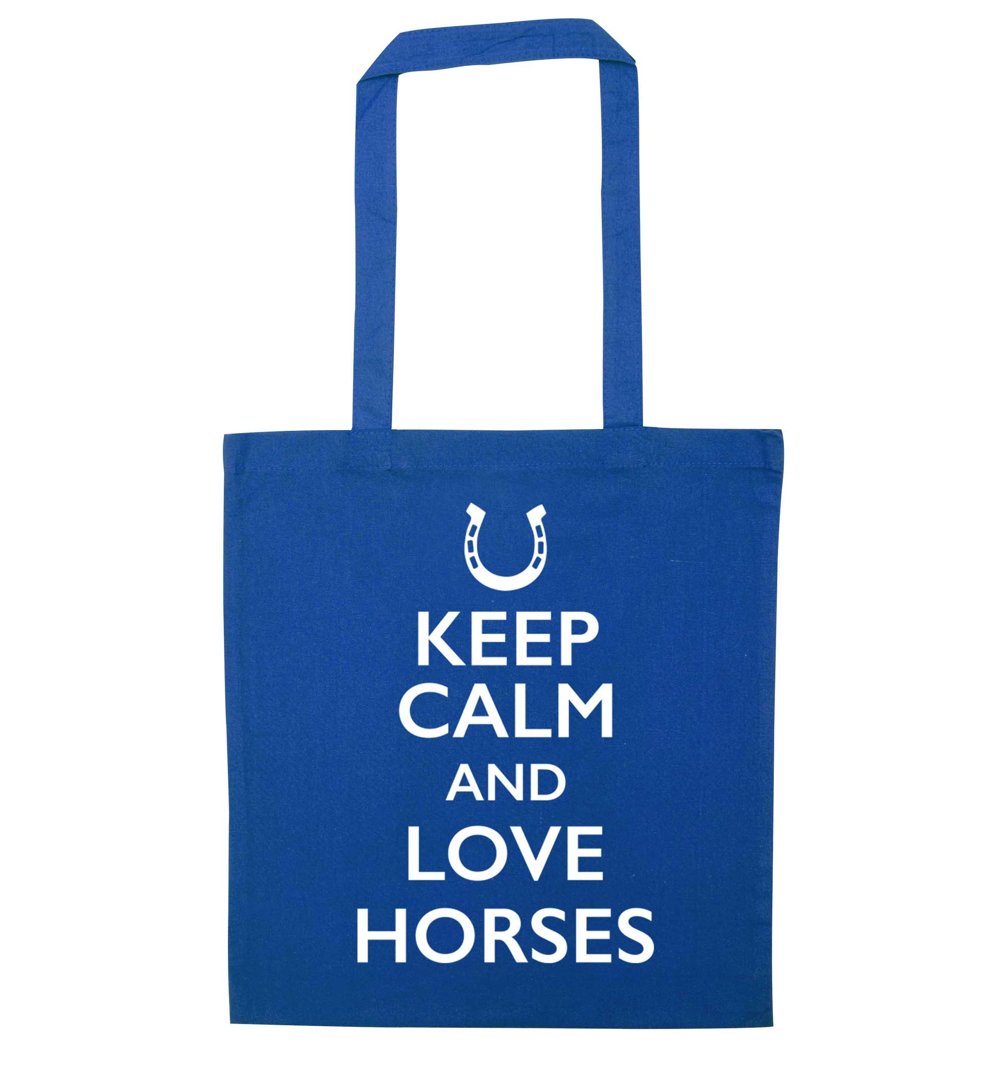 Keep calm and love horses blue tote bag