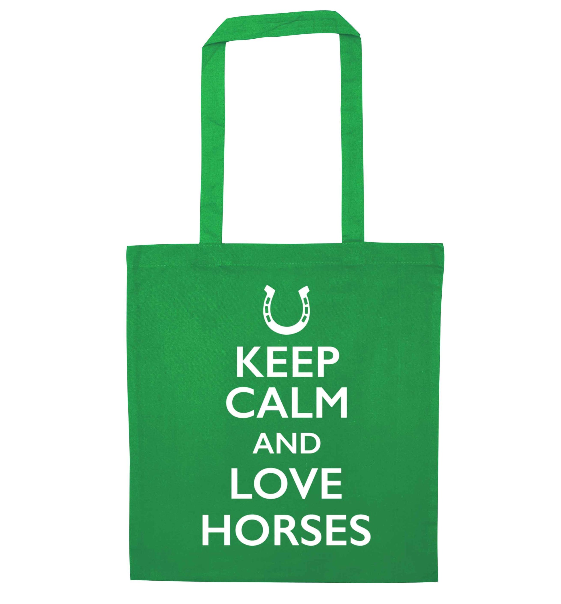 Keep calm and love horses green tote bag