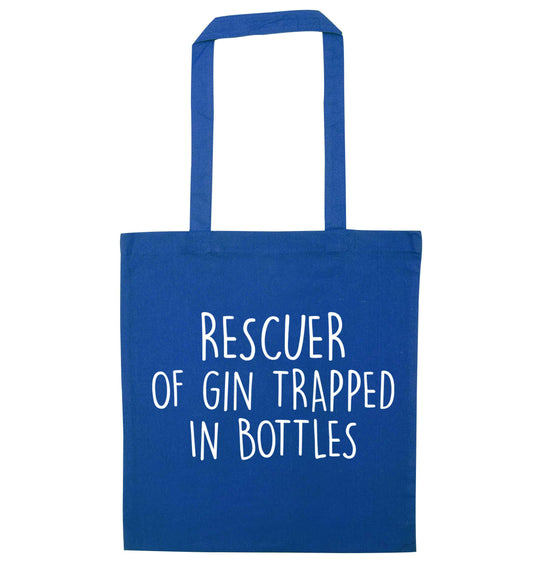 Rescuer of gin trapped in bottles blue tote bag