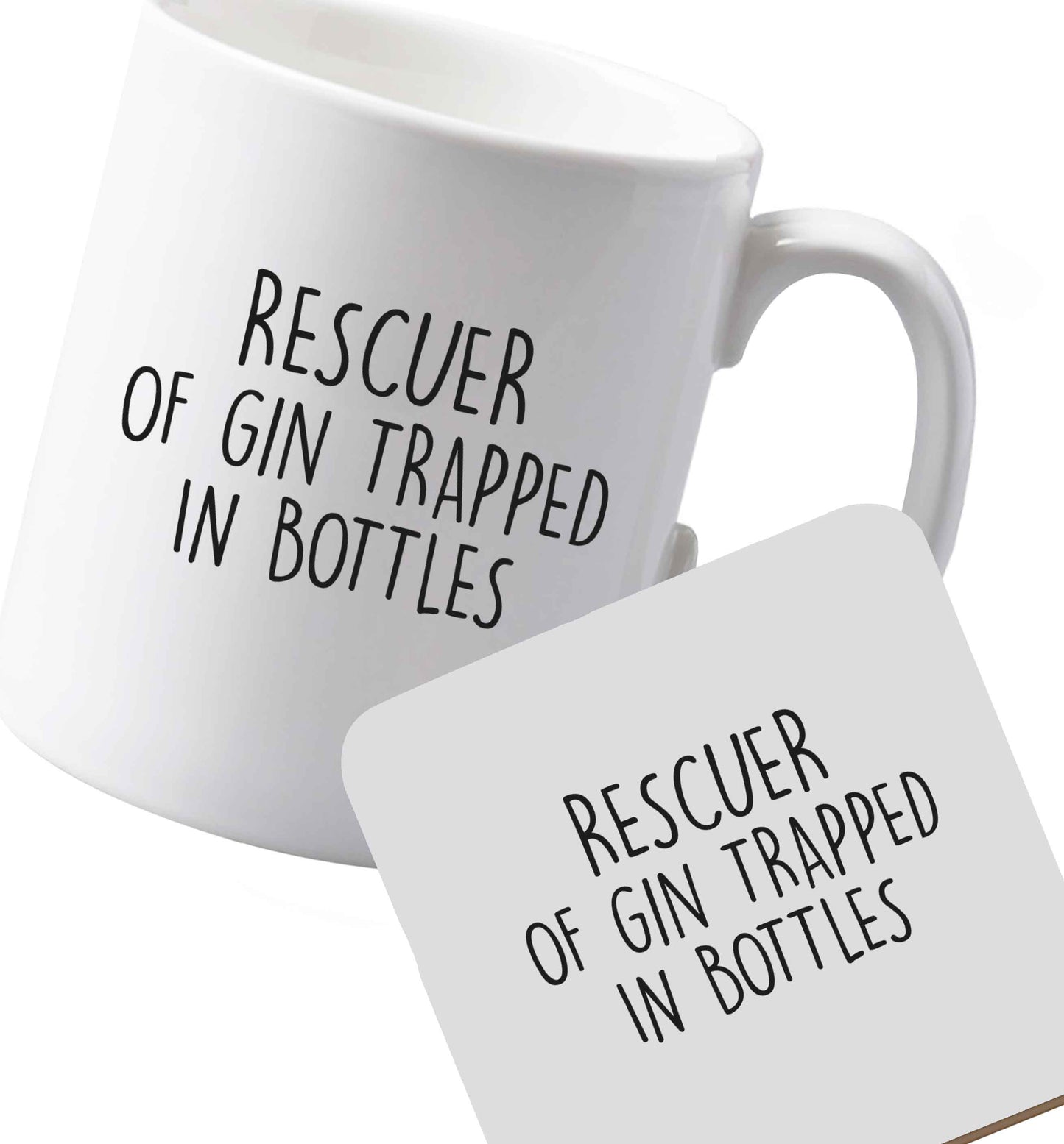 10 oz Ceramic mug and coaster Rescuer of Gin Trapped in Bottles both sides