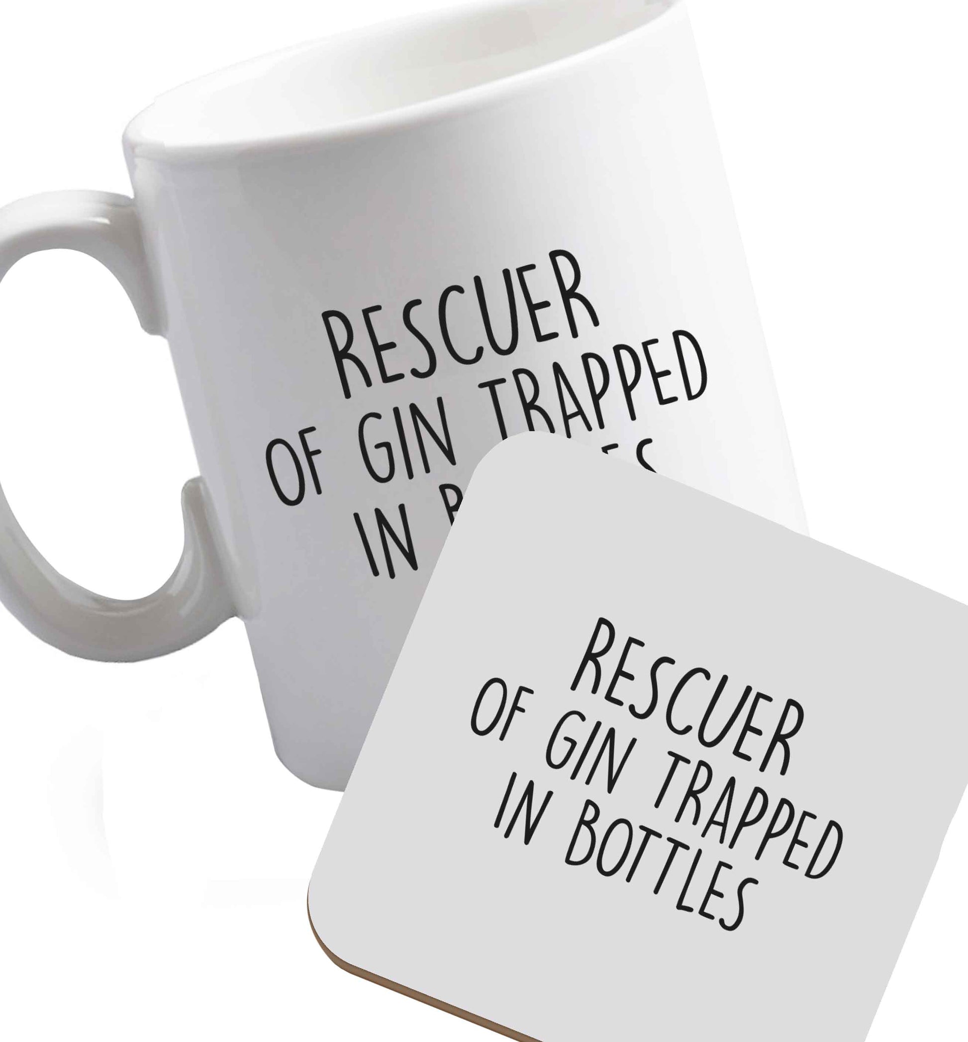 10 oz Rescuer of Gin Trapped in Bottles ceramic mug and coaster set right handed