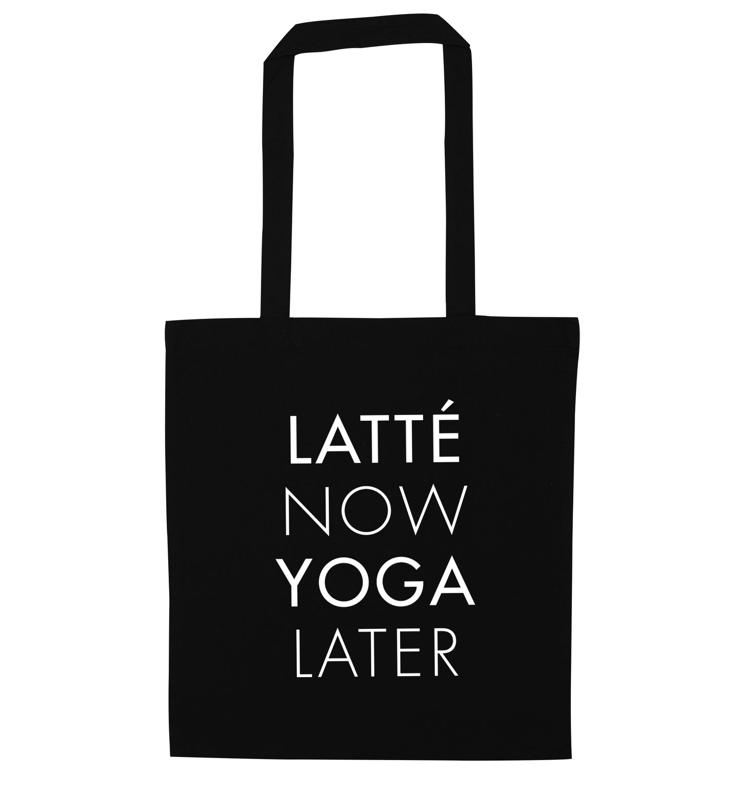 Latte now yoga later black tote bag
