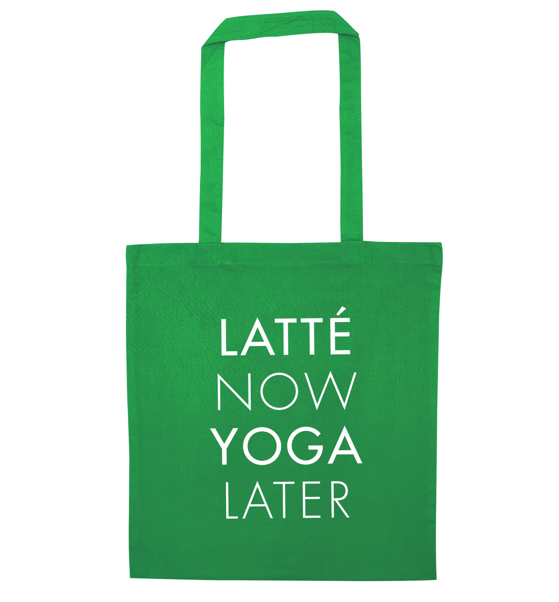 Latte now yoga later green tote bag