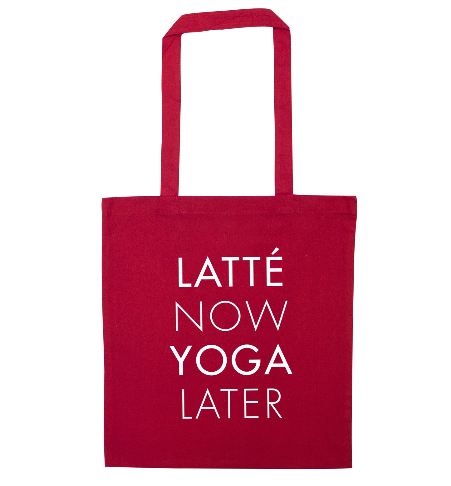 Latte now yoga later red tote bag