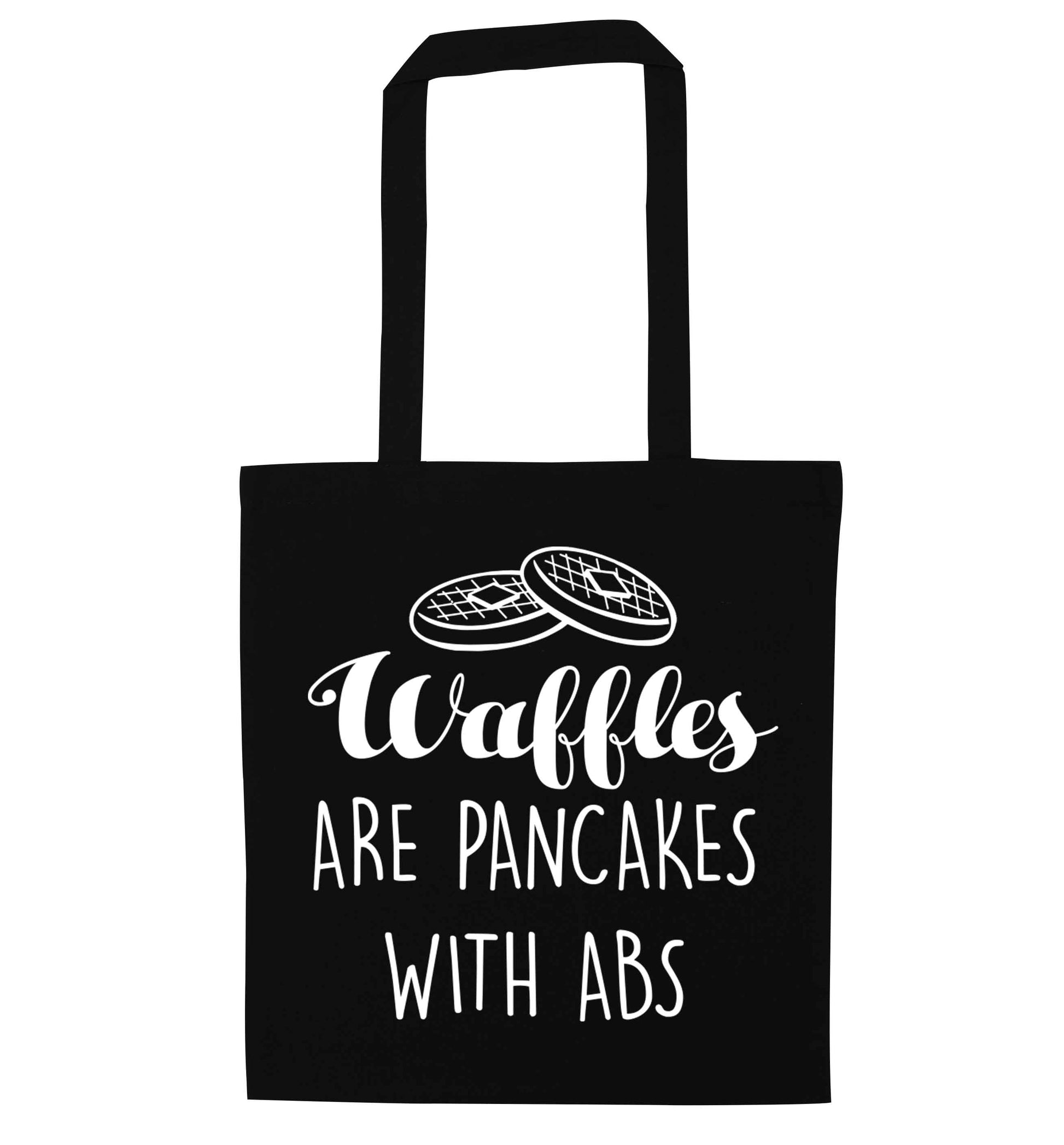 Waffles are just pancakes with abs black tote bag