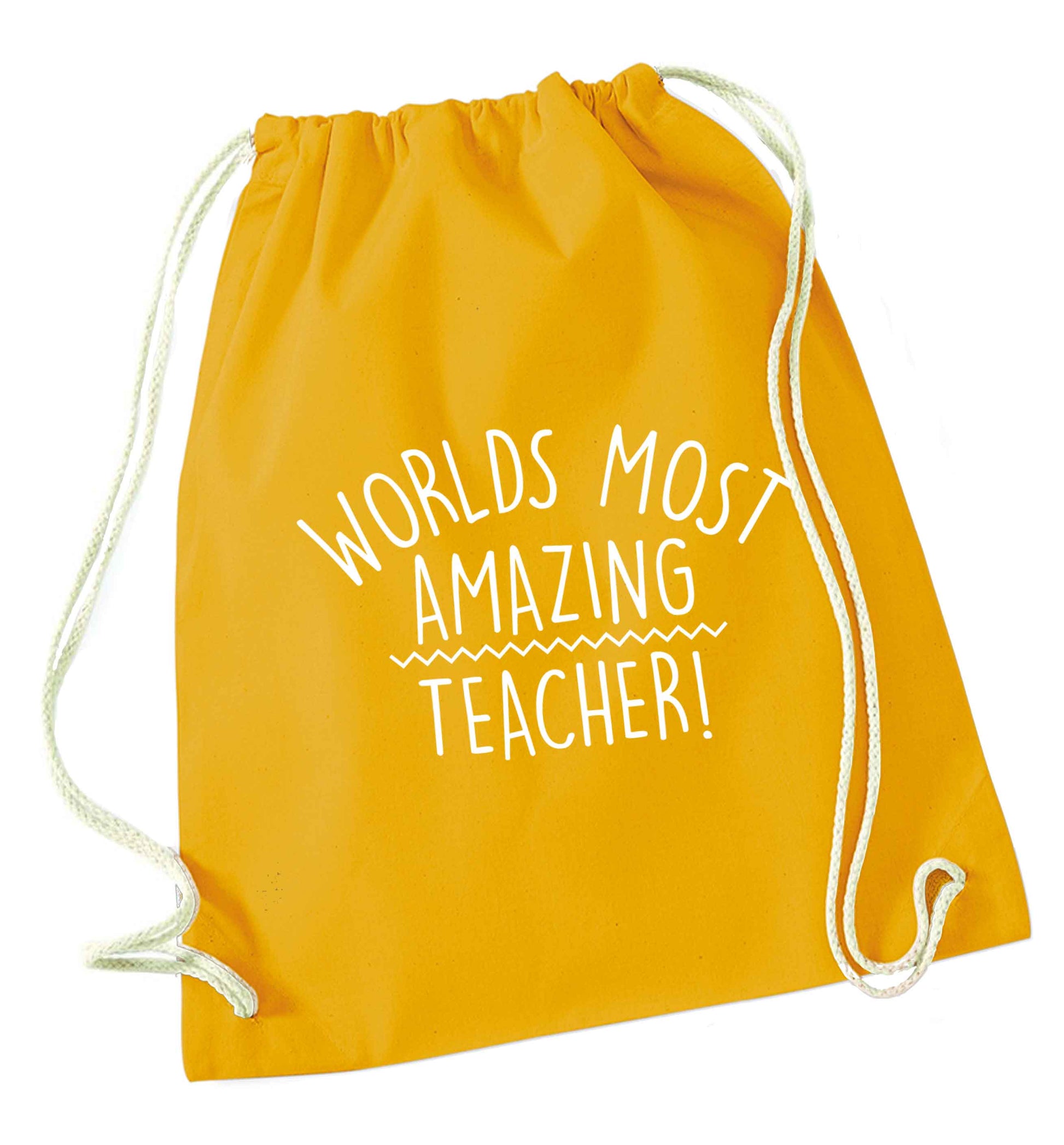 Worlds most amazing teacher mustard drawstring bag