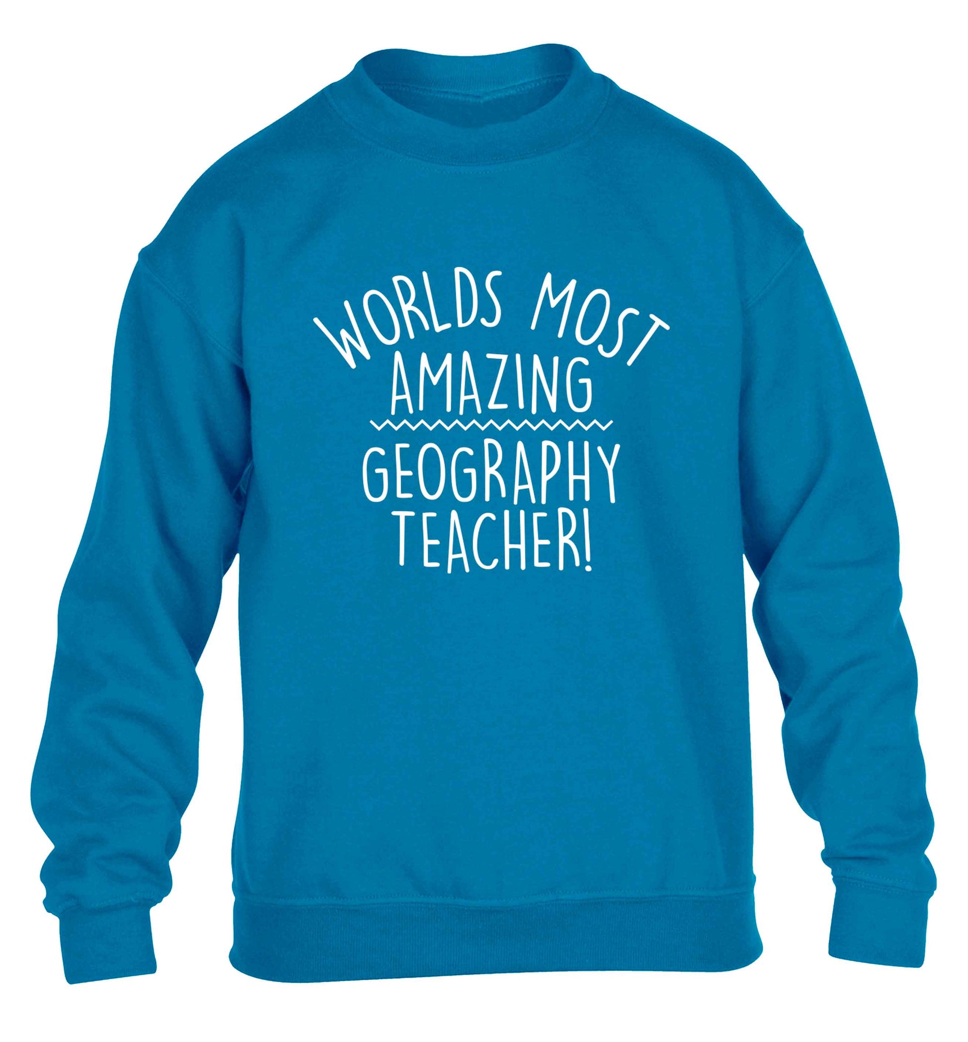 Worlds most amazing geography teacher children's blue sweater 12-13 Years