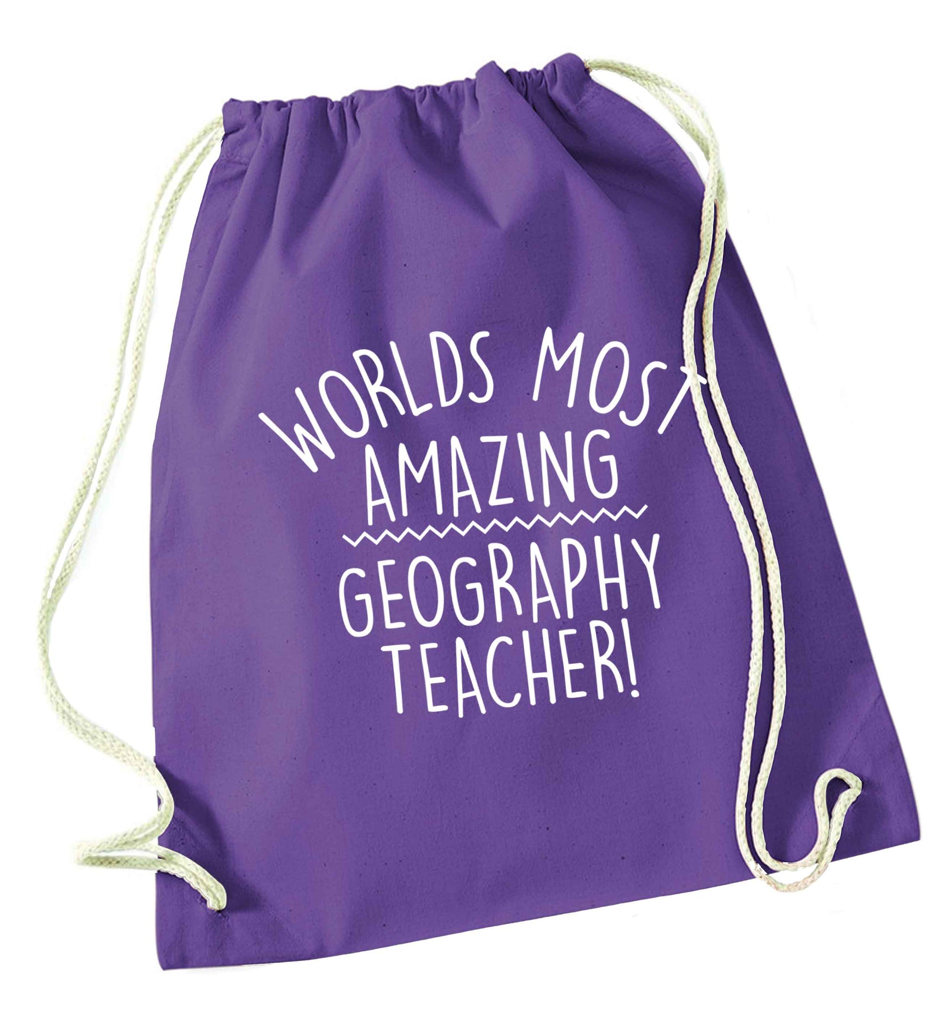 Worlds most amazing geography teacher purple drawstring bag