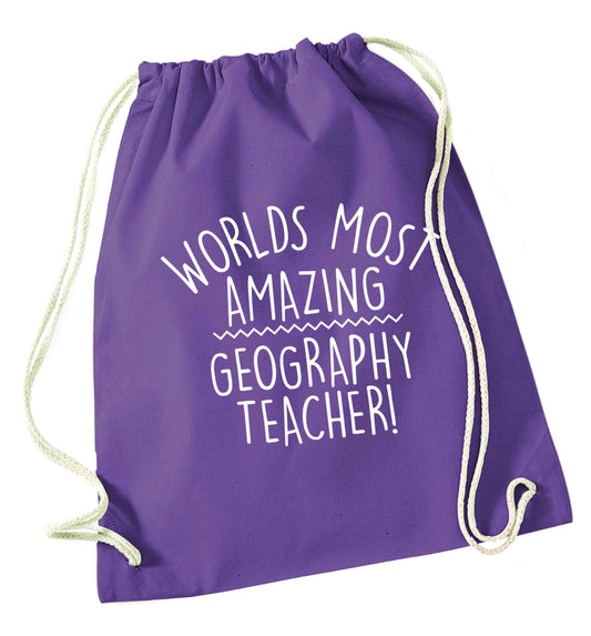 Worlds most amazing geography teacher purple drawstring bag