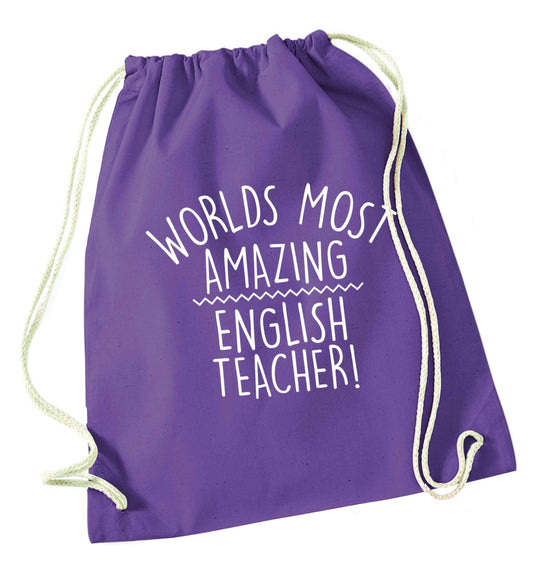 Worlds most amazing English teacher purple drawstring bag