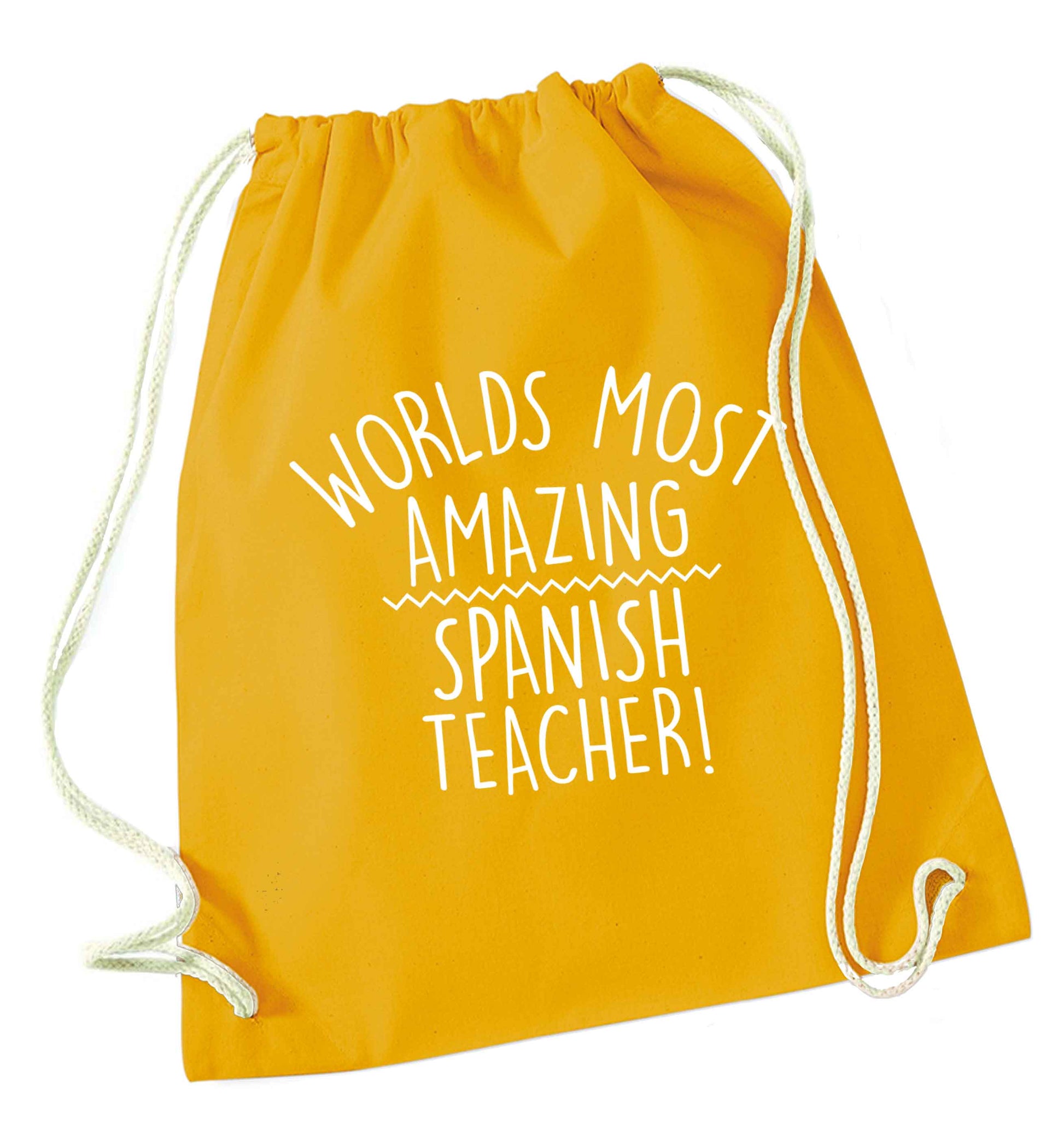 Worlds most amazing Spanish teacher mustard drawstring bag