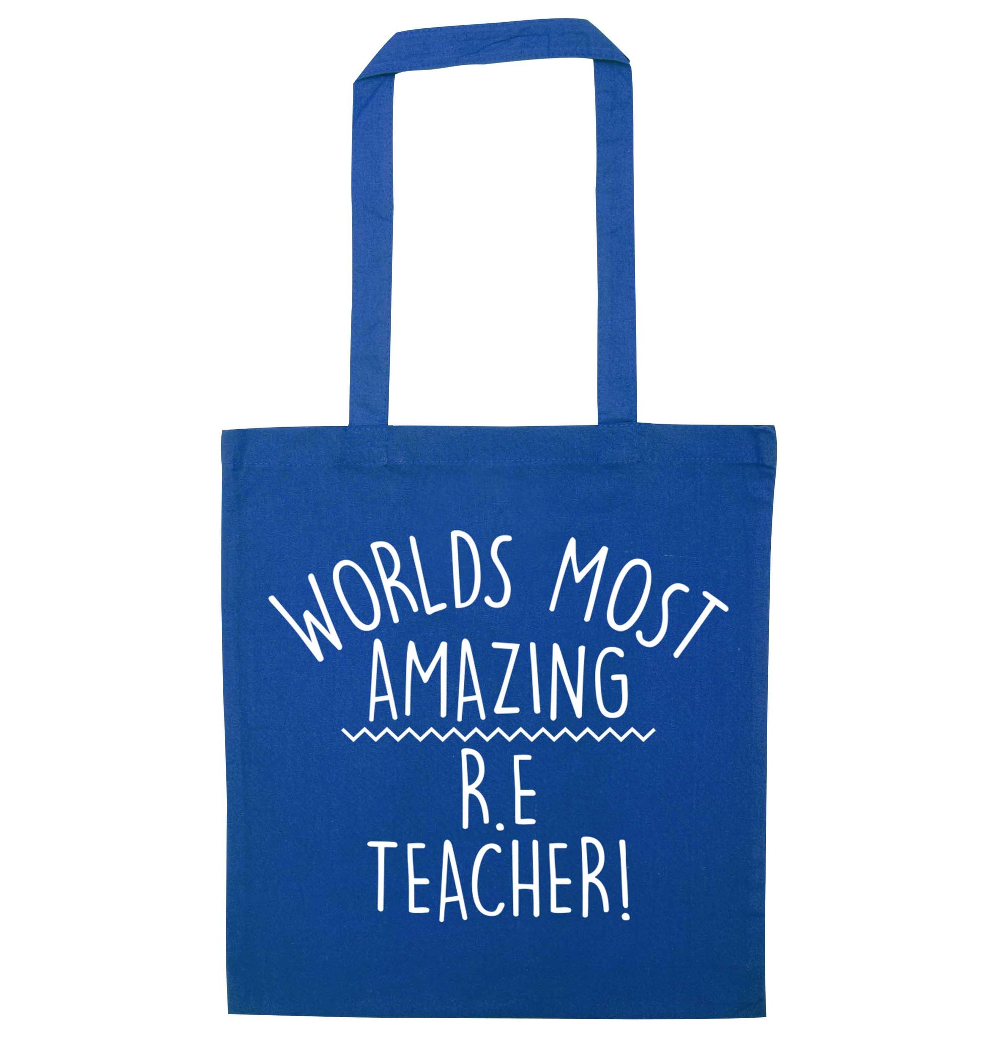 Worlds most amazing R.E teacher blue tote bag