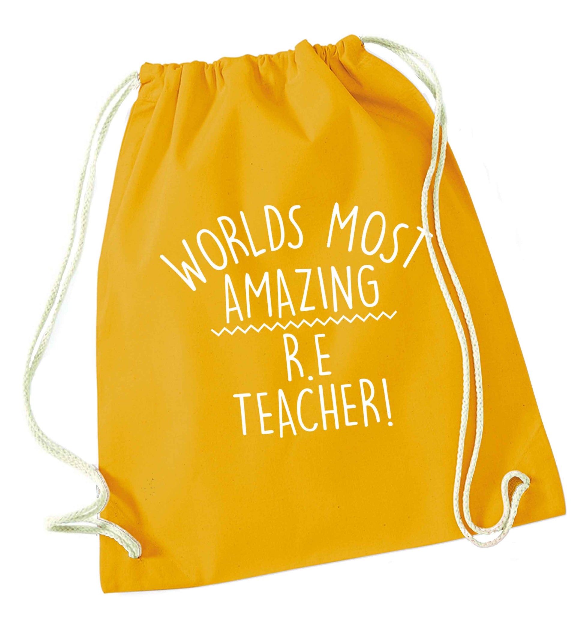 Worlds most amazing R.E teacher mustard drawstring bag