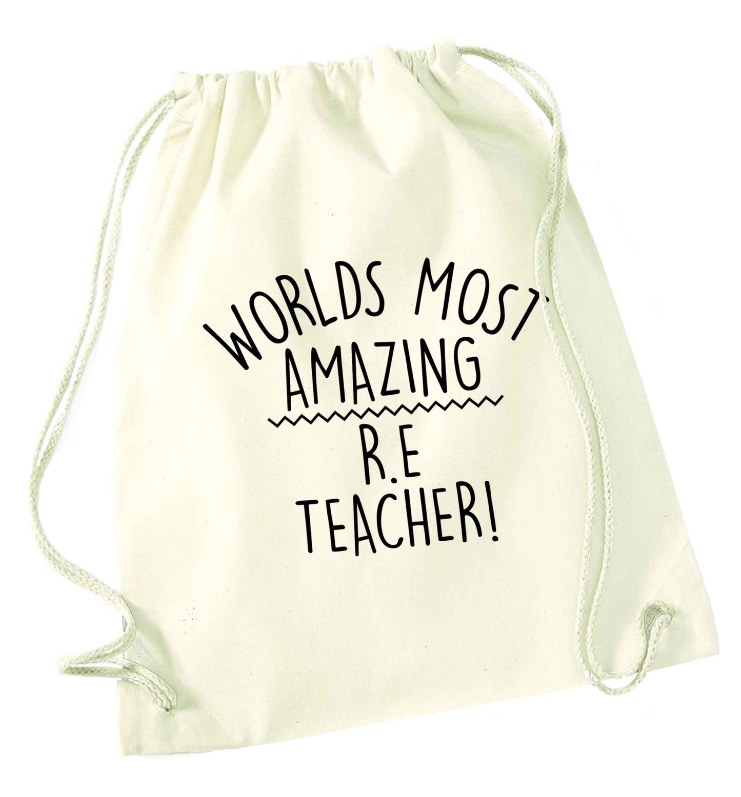 Worlds most amazing R.E teacher natural drawstring bag