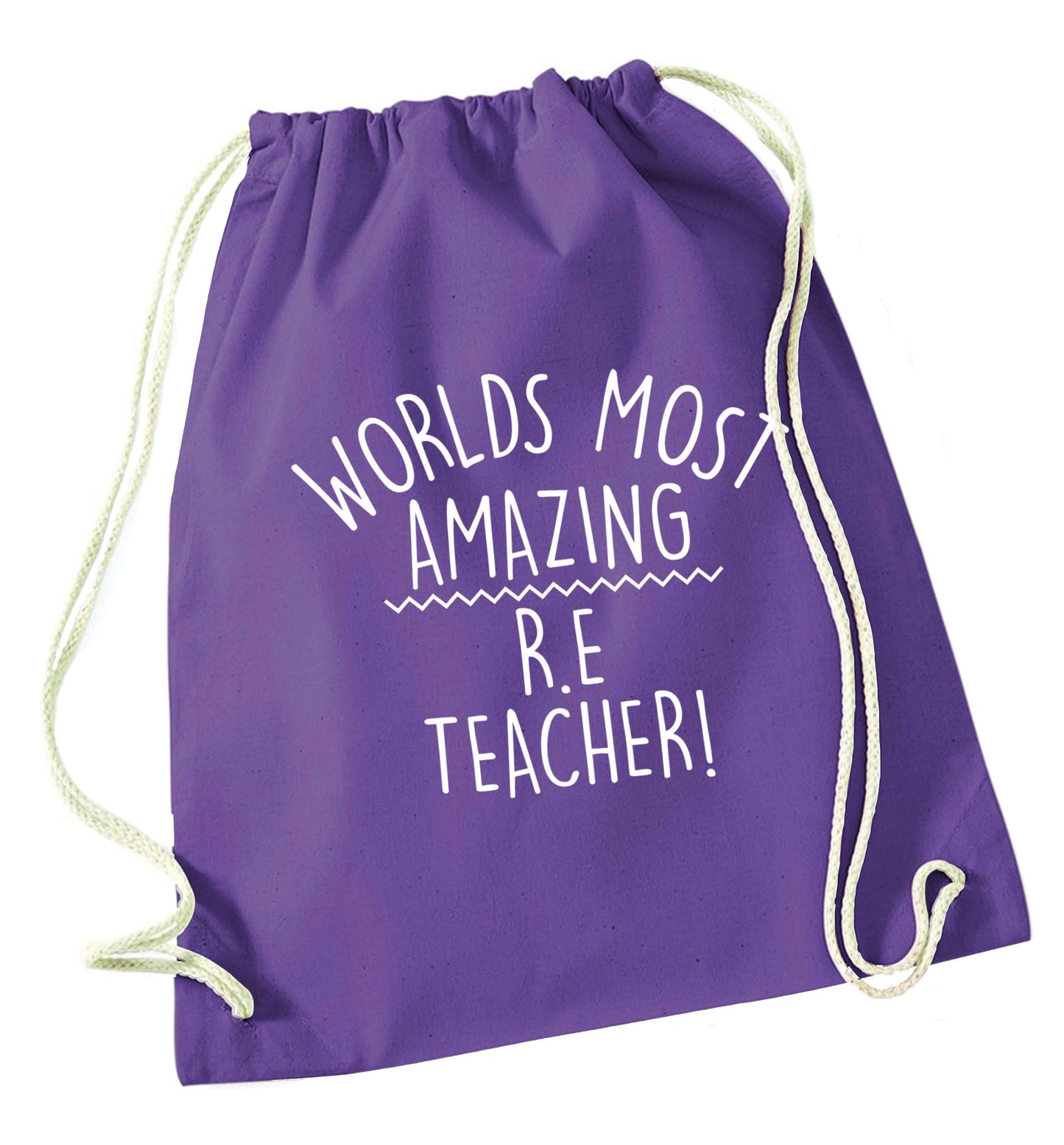 Worlds most amazing R.E teacher purple drawstring bag