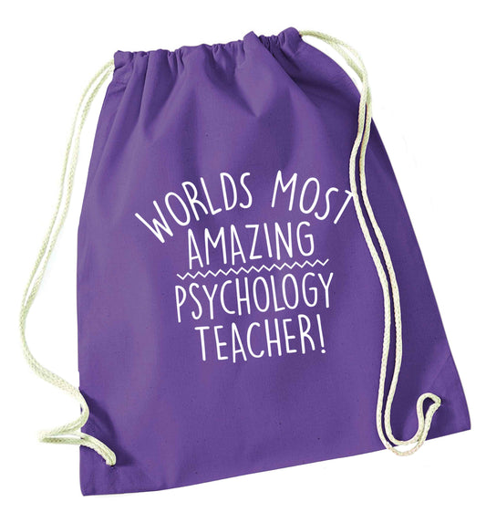 Worlds most amazing psychology teacher purple drawstring bag