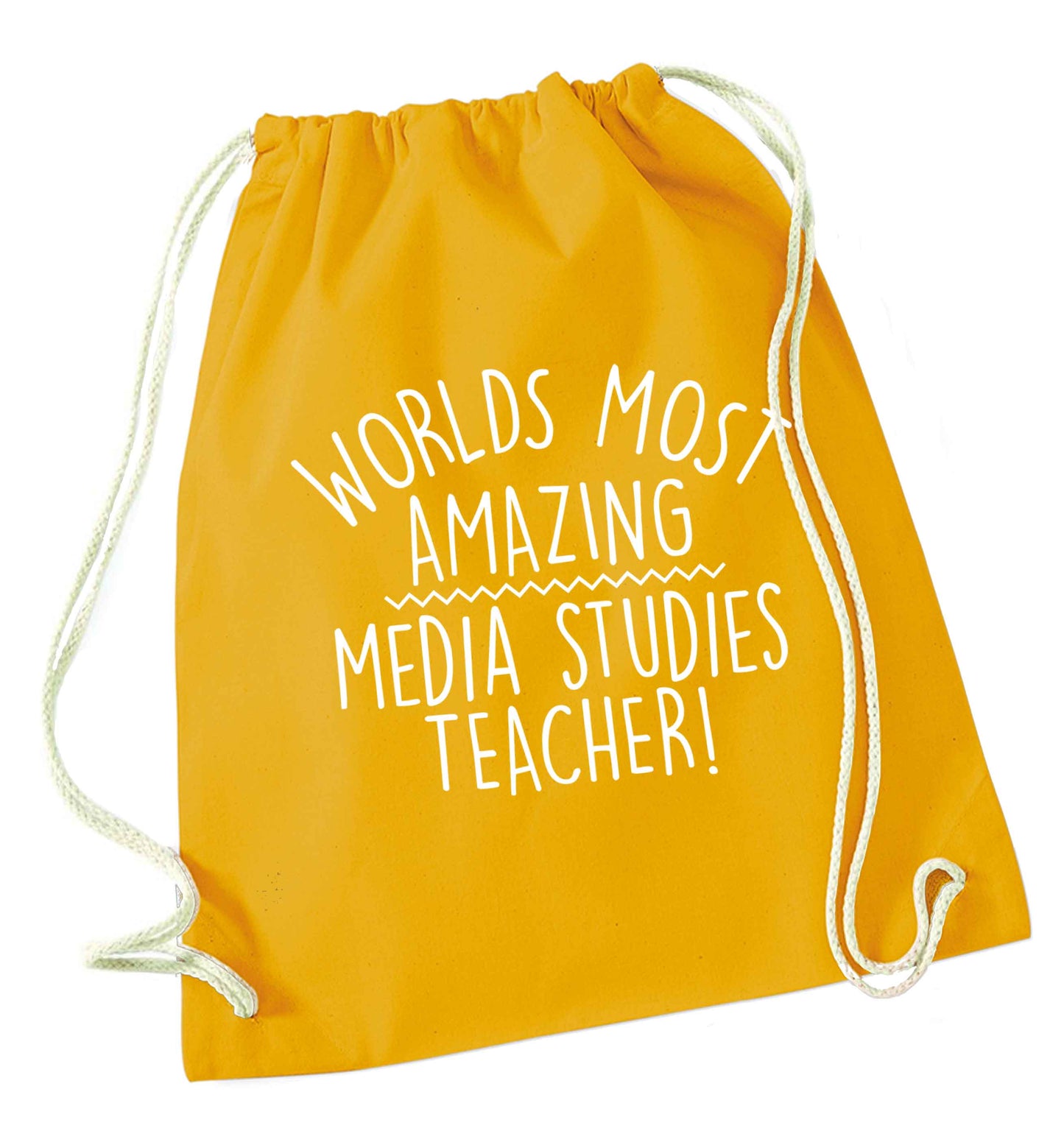 Worlds most amazing media studies teacher mustard drawstring bag