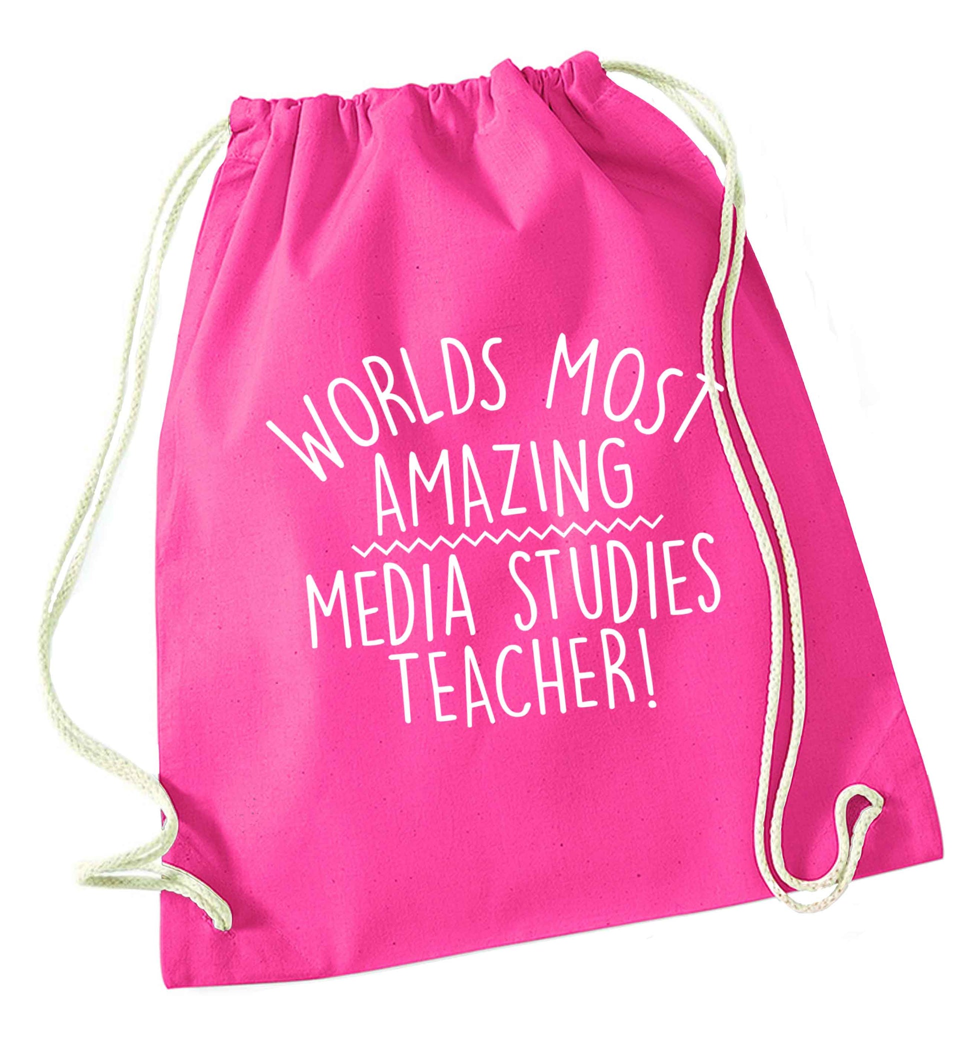 Worlds most amazing media studies teacher pink drawstring bag