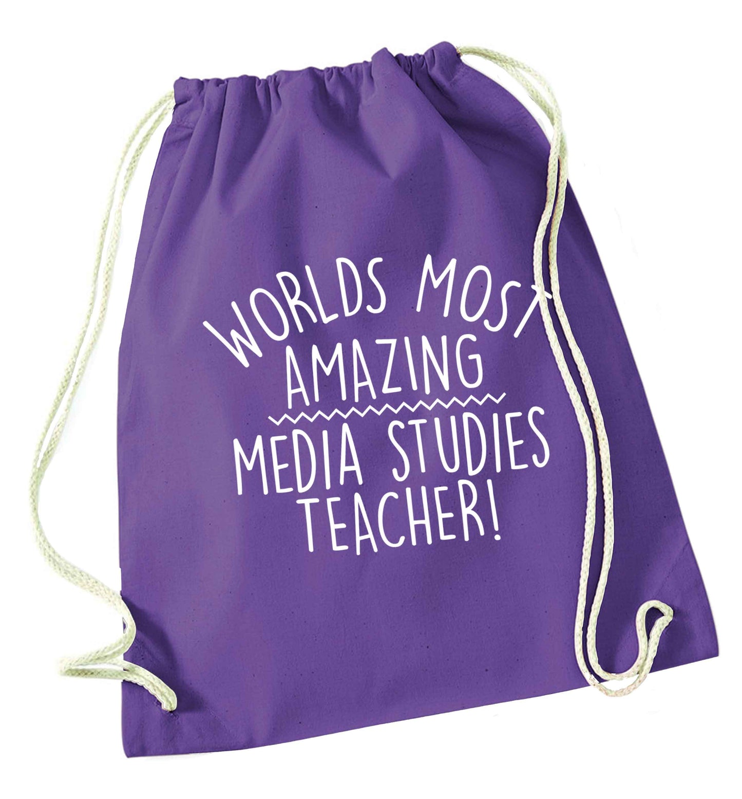 Worlds most amazing media studies teacher purple drawstring bag