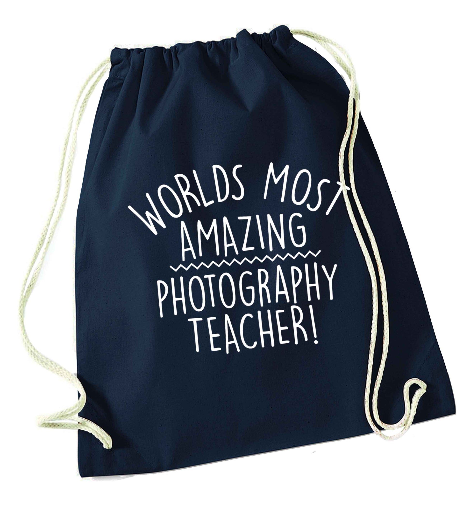 Worlds most amazing photography teacher navy drawstring bag