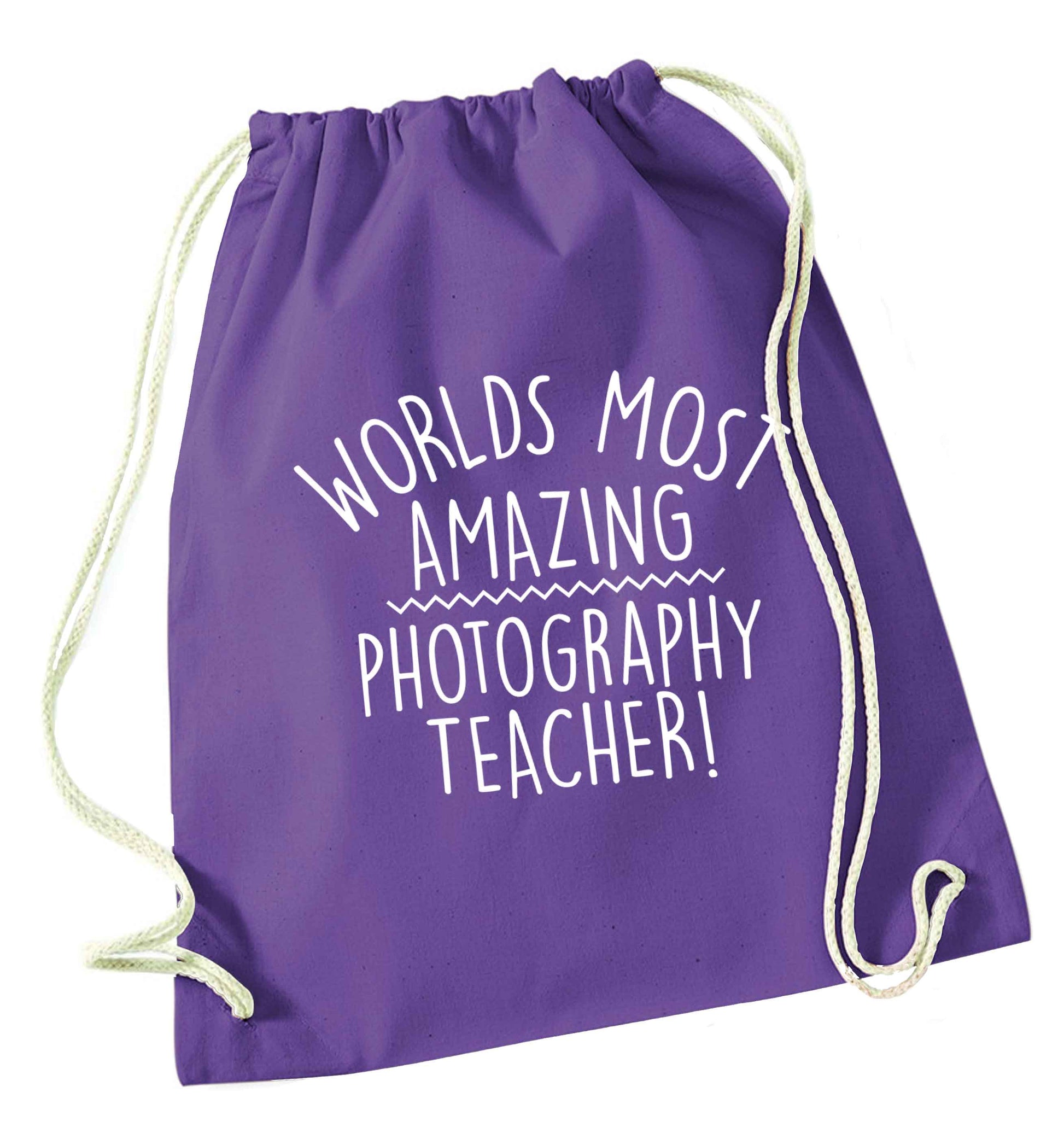 Worlds most amazing photography teacher purple drawstring bag