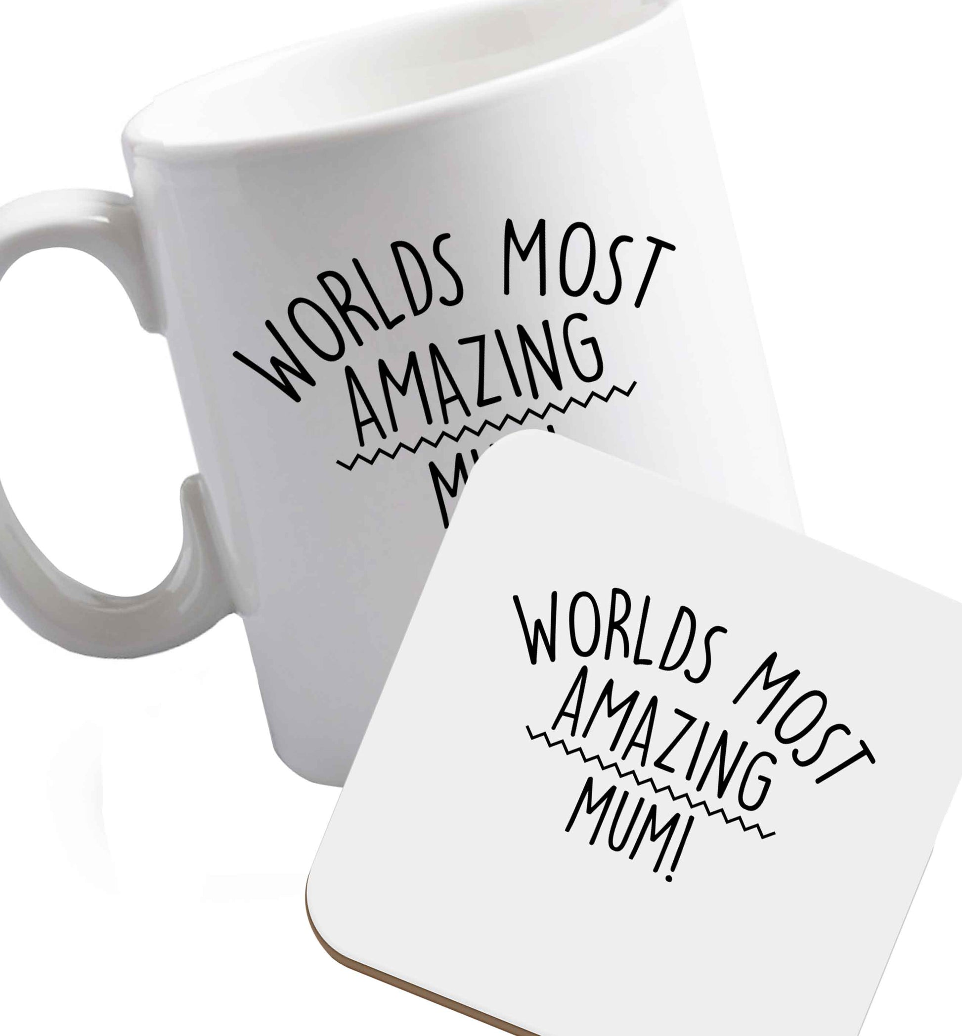 10 oz Worlds most amazing mum ceramic mug and coaster set right handed