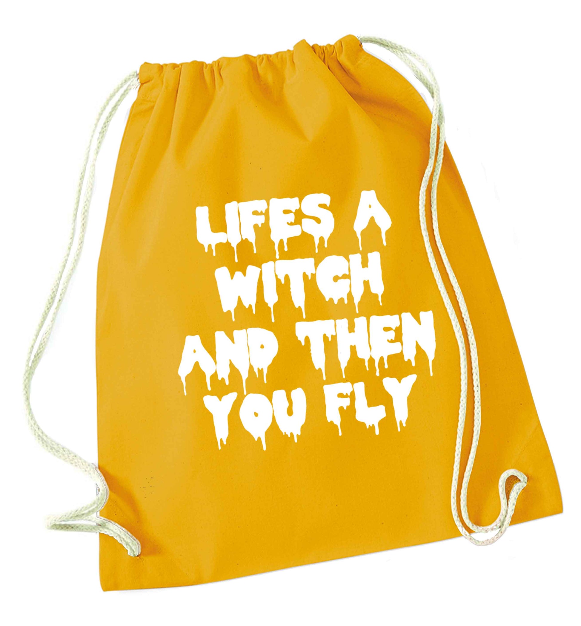 Life's a witch and then you fly mustard drawstring bag