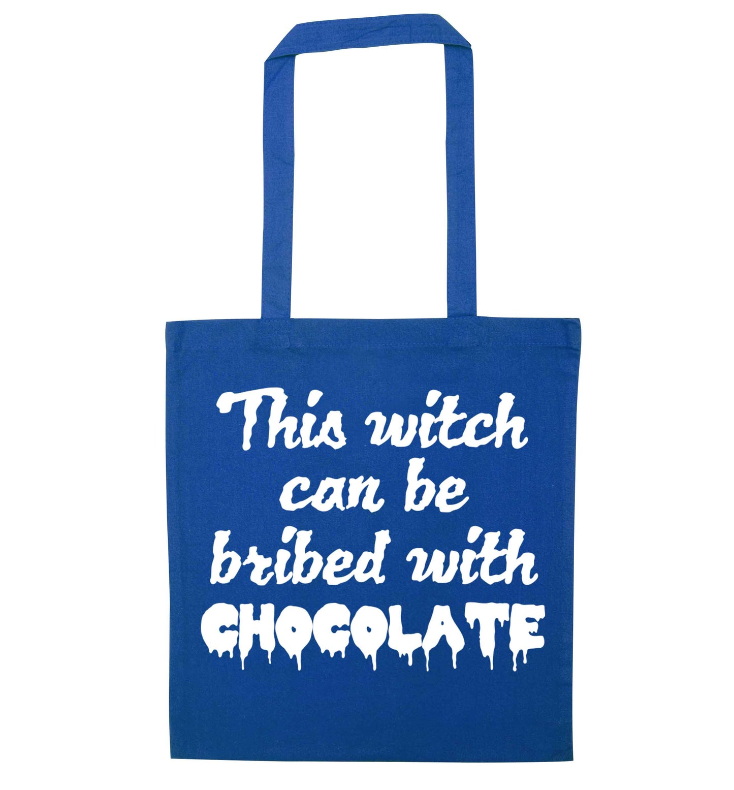 This witch can be bribed with chocolate blue tote bag