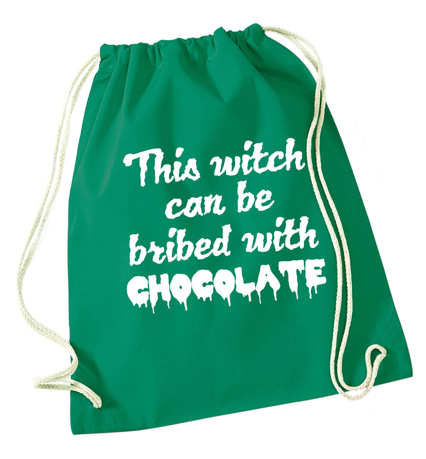 This witch can be bribed with chocolate green drawstring bag