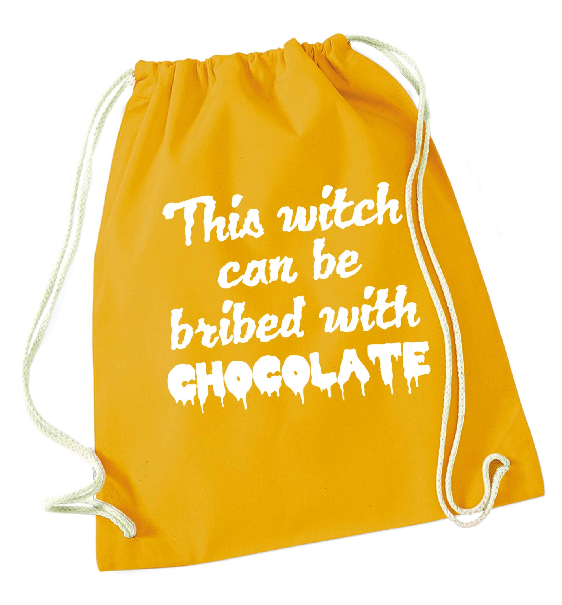 This witch can be bribed with chocolate mustard drawstring bag