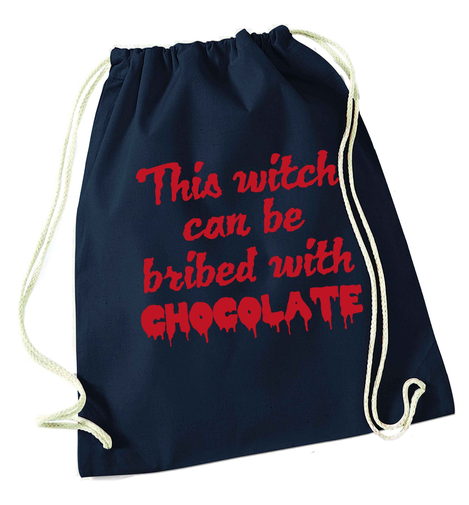This witch can be bribed with chocolate navy drawstring bag