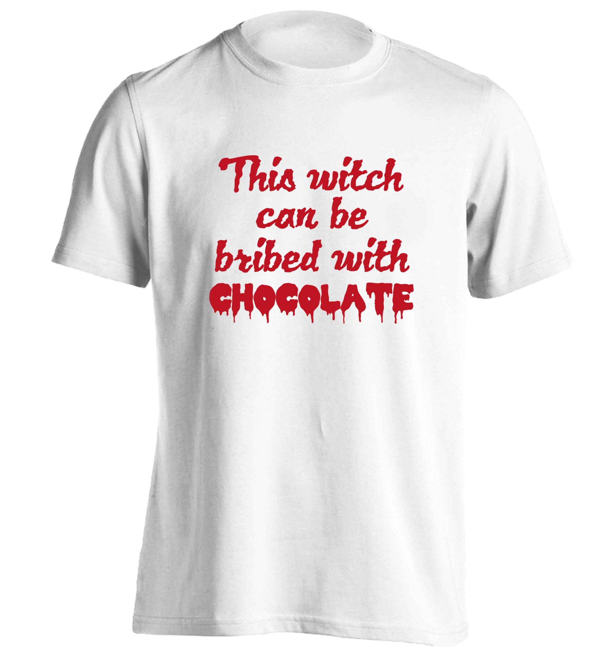 This witch can be bribed with chocolate adults unisex white Tshirt 2XL