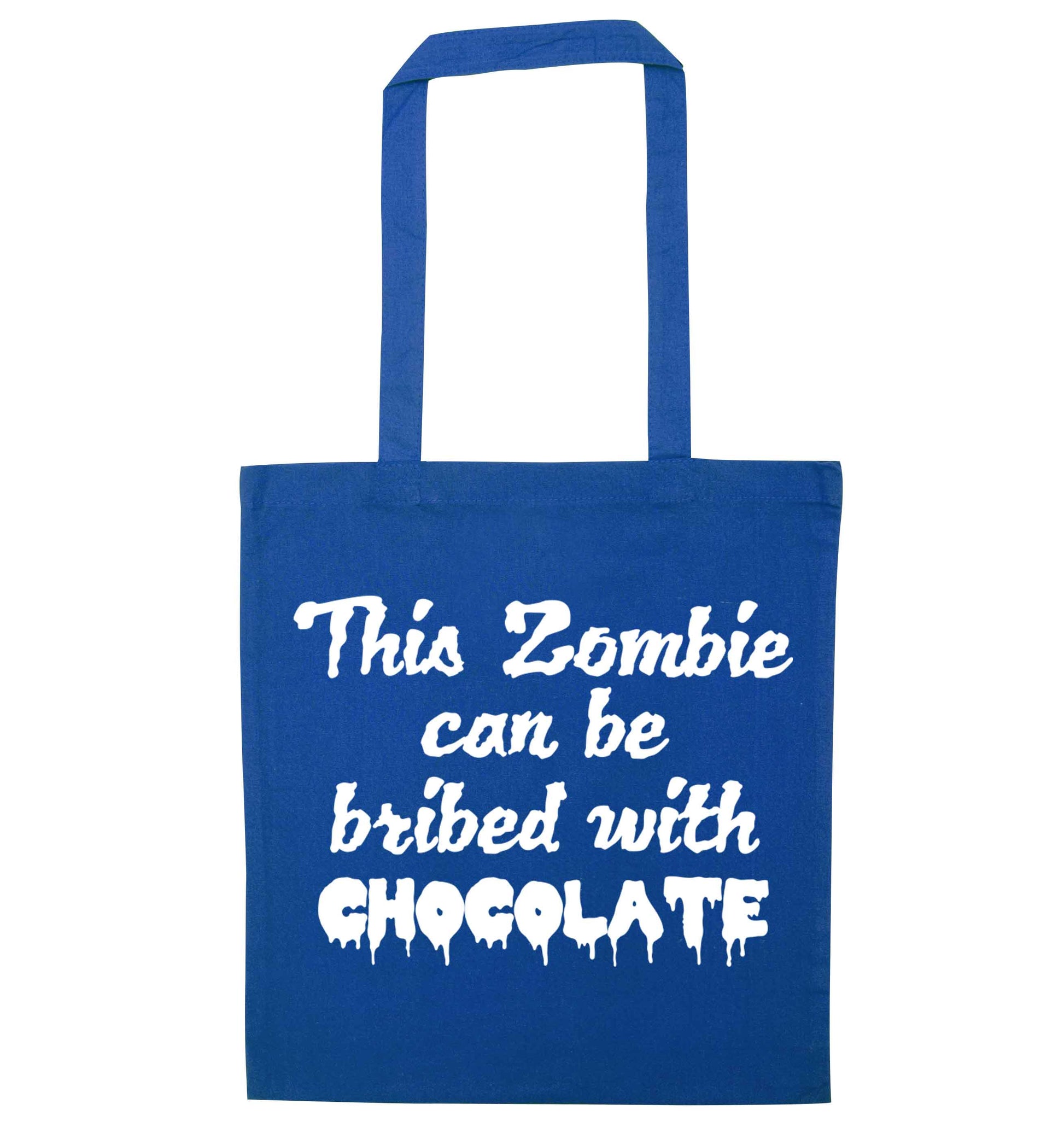 This zombie can be bribed with chocolate blue tote bag